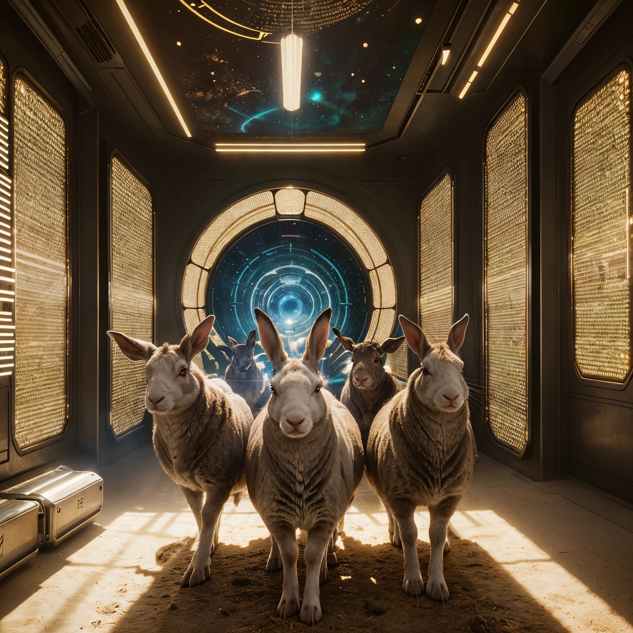 Futuristic Animal farm full of rabbits, Hens and sheep all grouped separately, lights in the room shining a beautiful and vibrant light, cosmic art, cinematic scene, artgerm style, 32k, ultra HD, unreal engine rendered, hyper-realistic  image, sci-fi art, afrofuturism