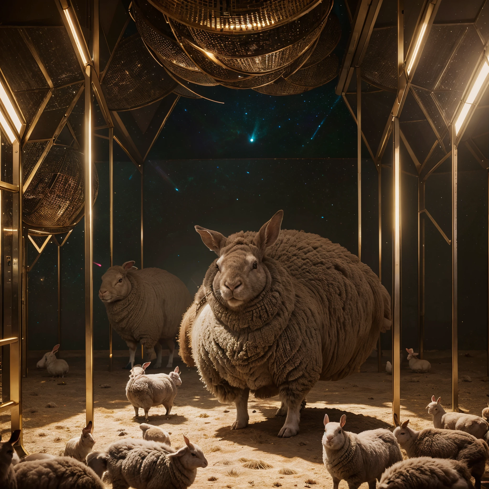 Futuristic Animal farm full of rabbits, Hens and sheep all grouped separately, lights in the room shining a beautiful and vibrant light, cosmic art, cinematic scene, artgerm style, 32k, ultra HD, unreal engine rendered, hyper-realistic image, sci-fi art, afrofuturism