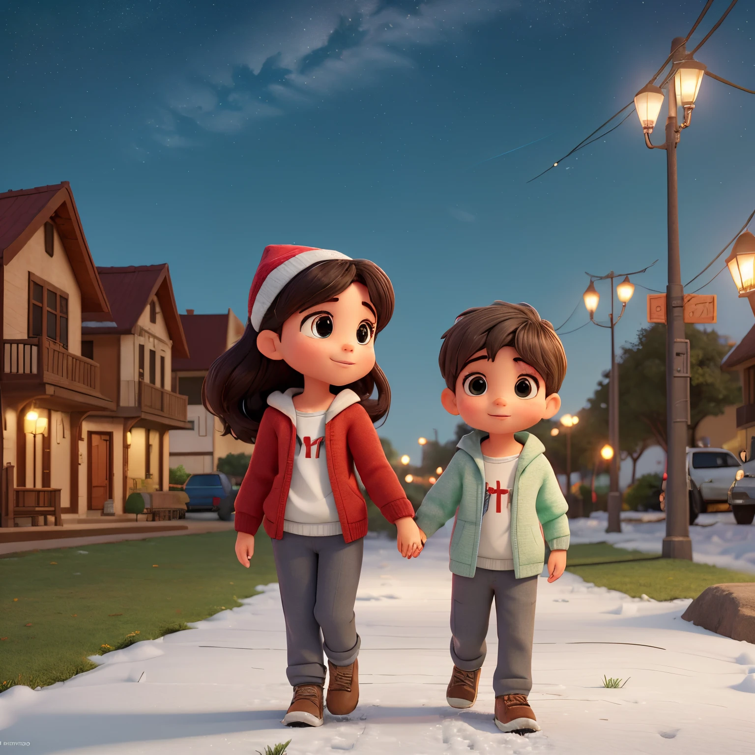 A imagem em uma noite na cidade enfeitada para o natal, com neve. Give me a picture of a girl in a red dress, cabelos pretos cacheados, walking hand in hand with a  boy, de cabelos castanhos escuros, gray pants and green sweatshirt.