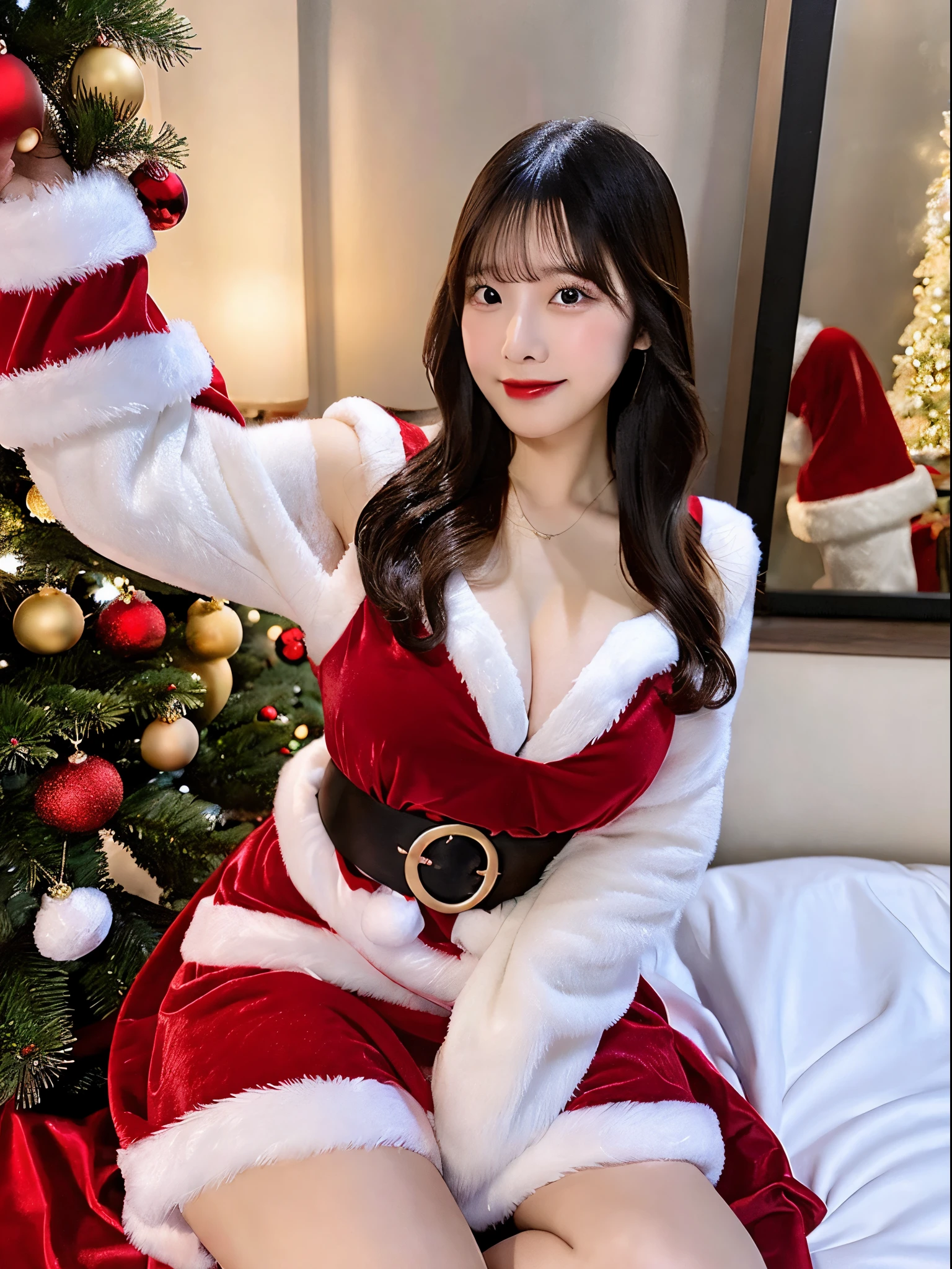 Beautiful big boobs Asian girl wearing sexy Christmas dress & sexy pose, 8K, A hyper-realistic, ultra-quality