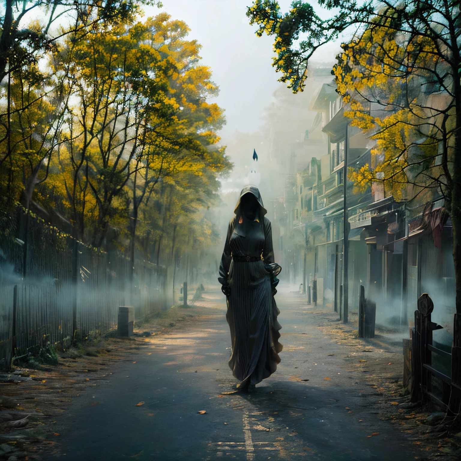 Foto realista em estilo anime, best possible quality, ghost adult woman walking in the cemetery, Noite, lua cheia, add an owl to a tree