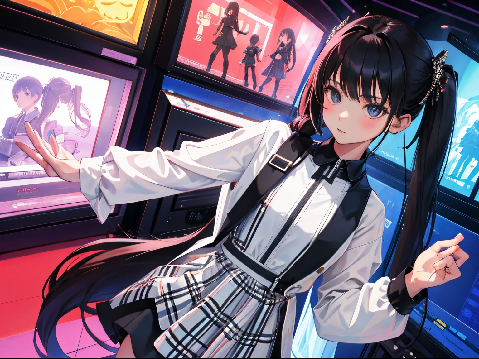 child,is standing,(masterpiece,Highest Quality),(plaid zip-up dress:1.4),shortsleeves,A dark-haired,long twintail,rinka