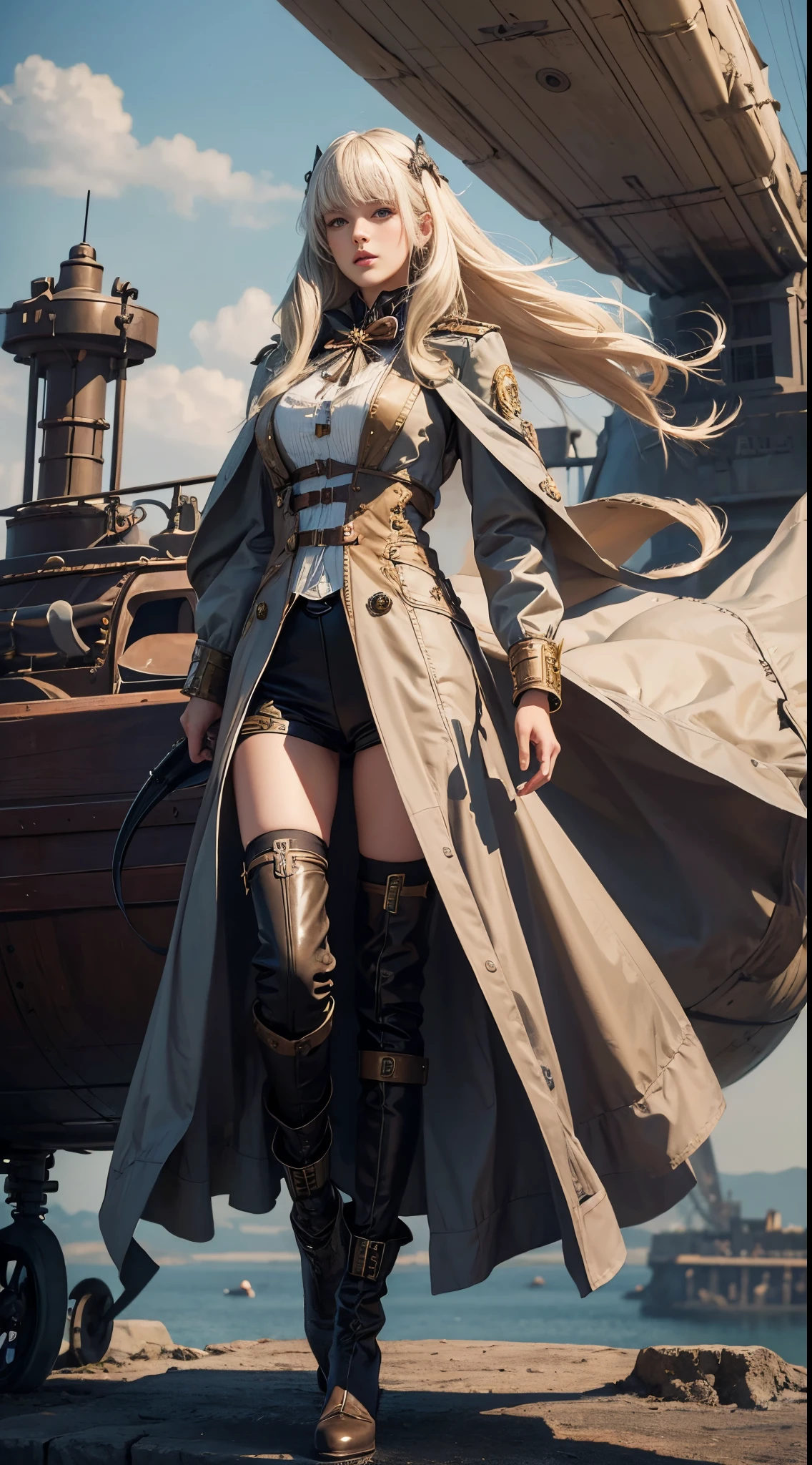 a steampunk-themed artwork featuring a beautiful woman as an intrepid airship captain, ready for adventure, platinum blonde hair, long bangs, award ribbon, military,  major, realistic, parted lips,  full body, wide shot, floating hair, wind