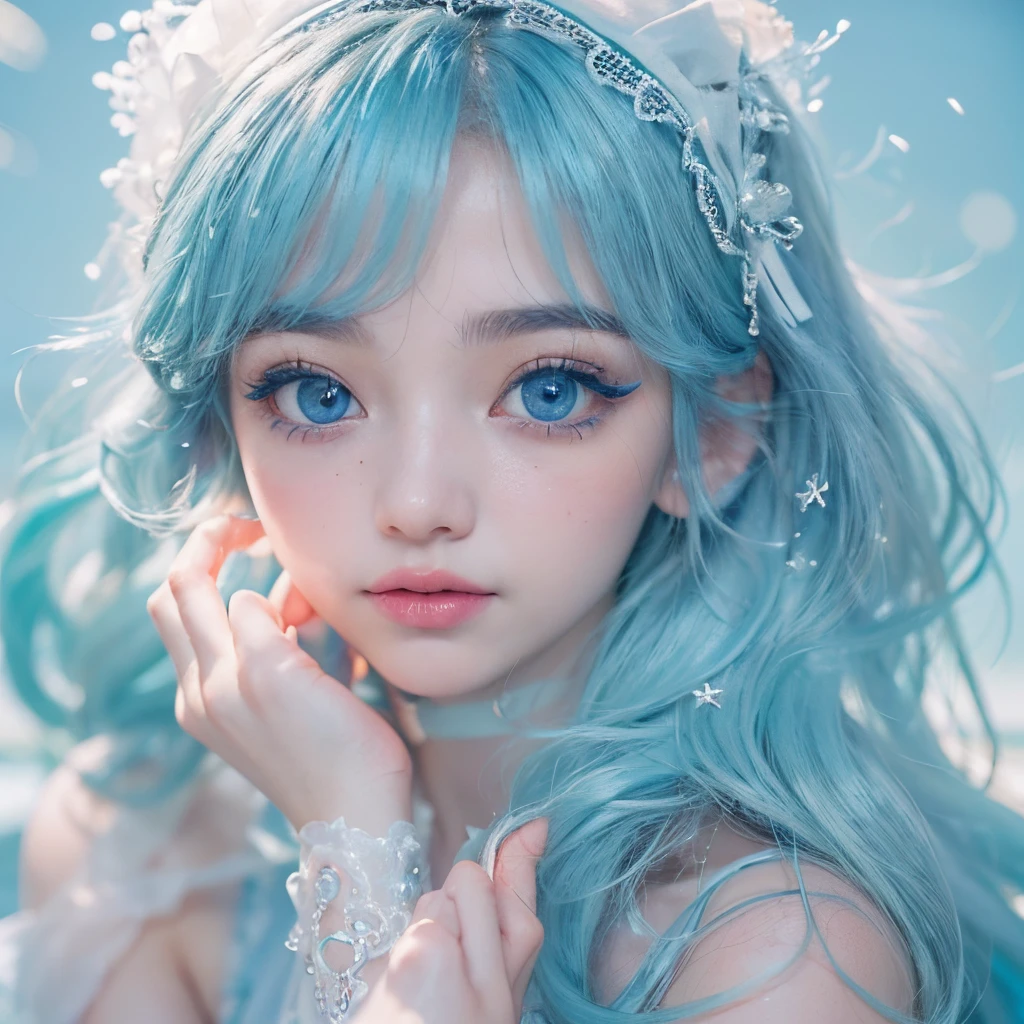 ((masterpiece)), 8k cg, best quality, intricate details, chromatic aberration, ((bust shot)), ((looking at the viewer)), 1girl, ((Character((Filo)), soft smile, closed mouth, soft lips)), ((Sparkly eyes, hyper detailed eyes, extremely beautiful, (((bright blue eyes))), beautiful eyelashes, makeup, heavy blush)), lens flare, ((an extremely beautiful and delicate portrait, delicate facial features, doll face, 16 years old, soft cheeks, big eyes, Asian eyes)), thick eyebrows, (very long wavy hair, ((Ocean Blue Hair color)), shiny hair), full of life, (Blue Lolita Dress, blue Star accessories)), ((Medium Breasts, small shoulders, hourglass figure, thin neck)), absurdres, cinematic lighting, dynamic lighting, fantasy, ((dark background, fog))