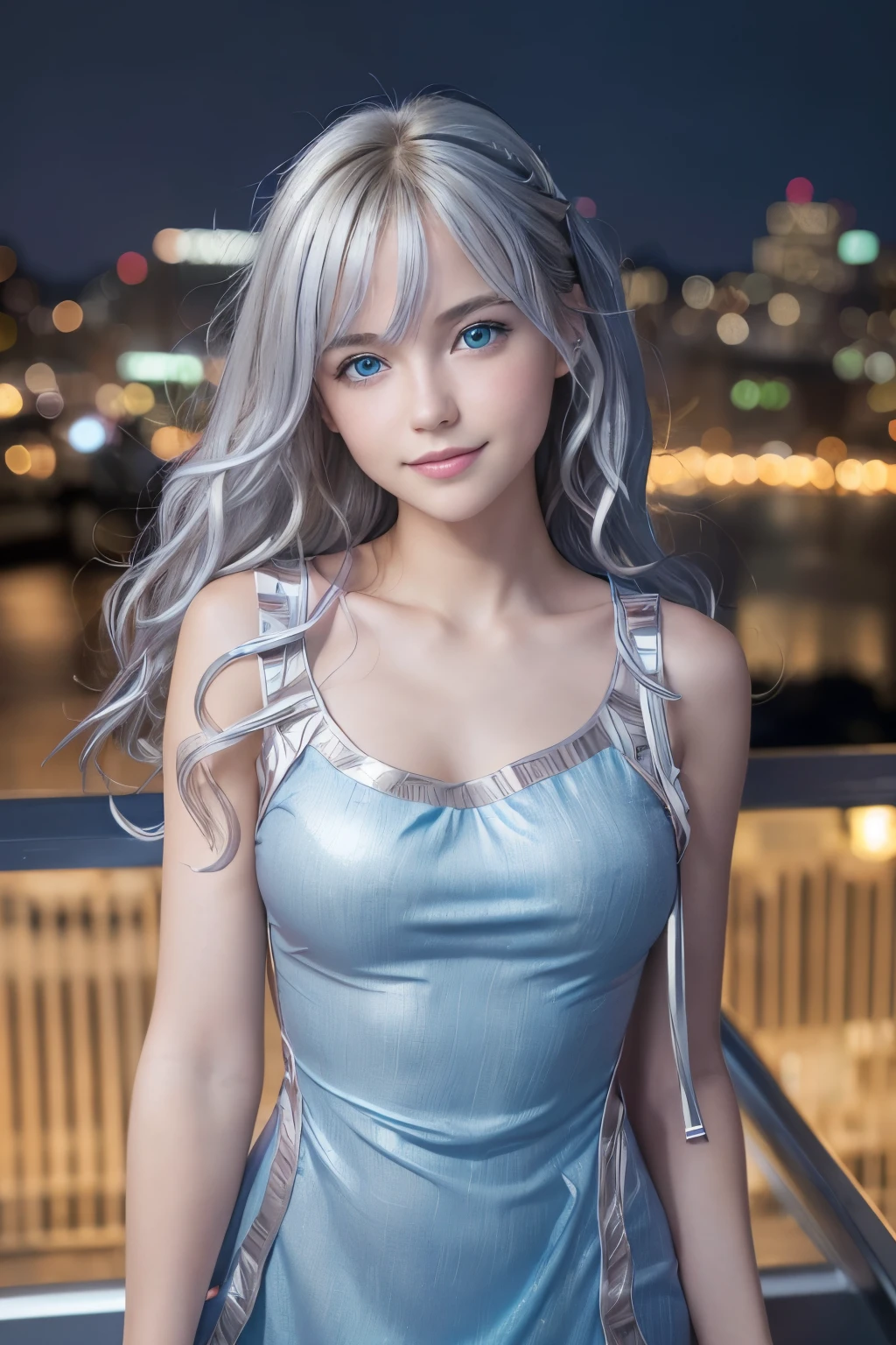 best quality, face focus, (depth of field) ,ultra high res, (photorealistic:1.4), RAW photo, city at night 1european woman, blonde, petite, solo, cute, smile, (green eyes), natural face, (blonde curly hair), pink shirt with sonic stamped, (Blue and silver dress:1.5)