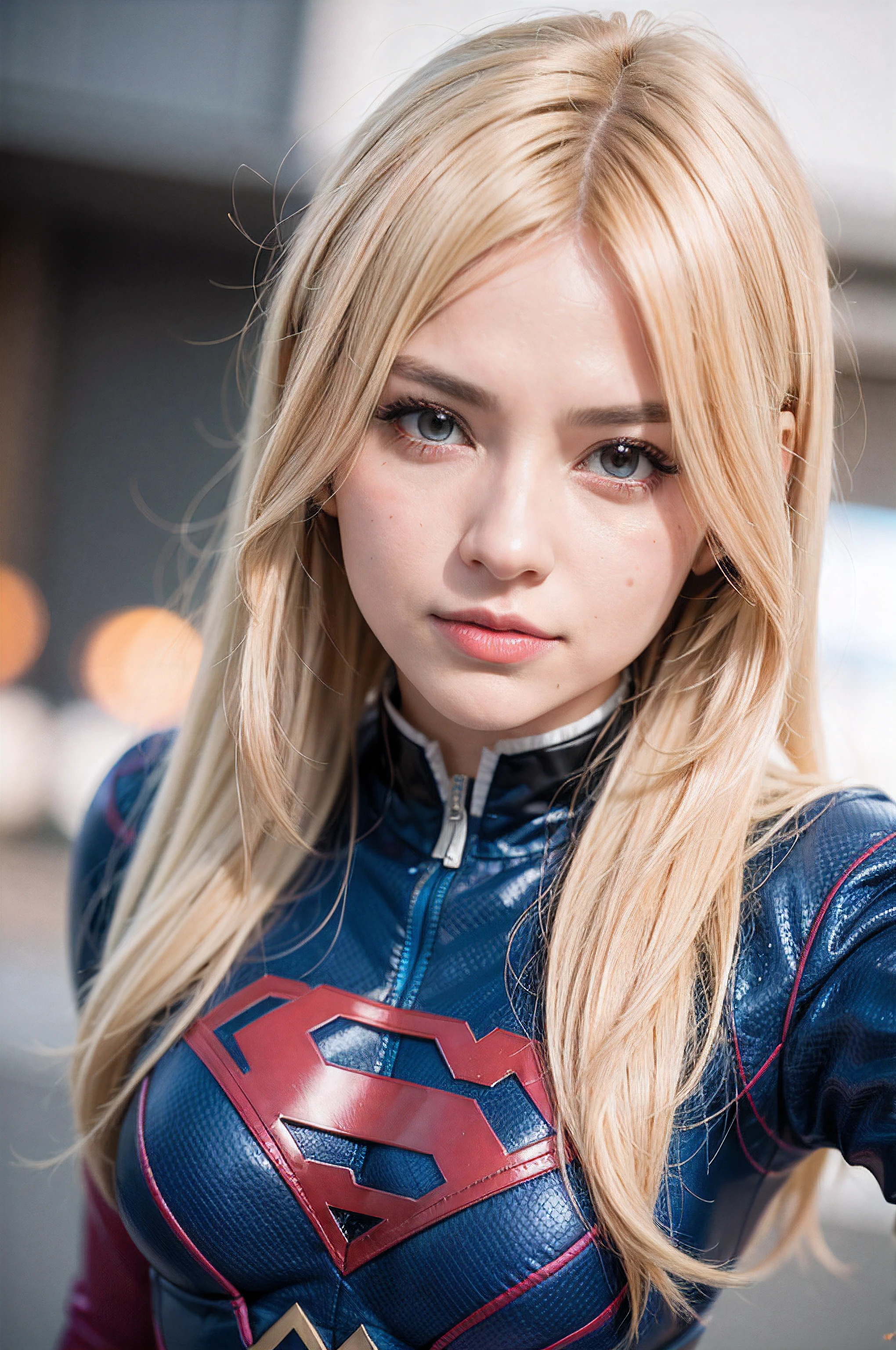Mujer Araffe con un traje azul y rojo posando para una foto, Superchica, Foto cosplay, Primer plano, 8K Artgerm Bokeh, Toma de retrato en primer plano, cosplay completo, artgerm moody photography, Foto de primer plano, cosplay profesional, Anime Girl Cosplay, Foto de primer plano en NYC Comicon, portrait of a female anime hero, cosplayer