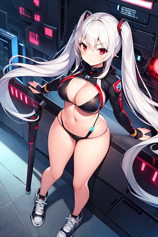 1girl, breasts, large breasts, white hair, long hair, red eyes, serious, twintails, bikini, black bikini, shoes, sneakers, futuristic, tech, machinery, science-fiction, hourglass figure, downblouse, from above, standing