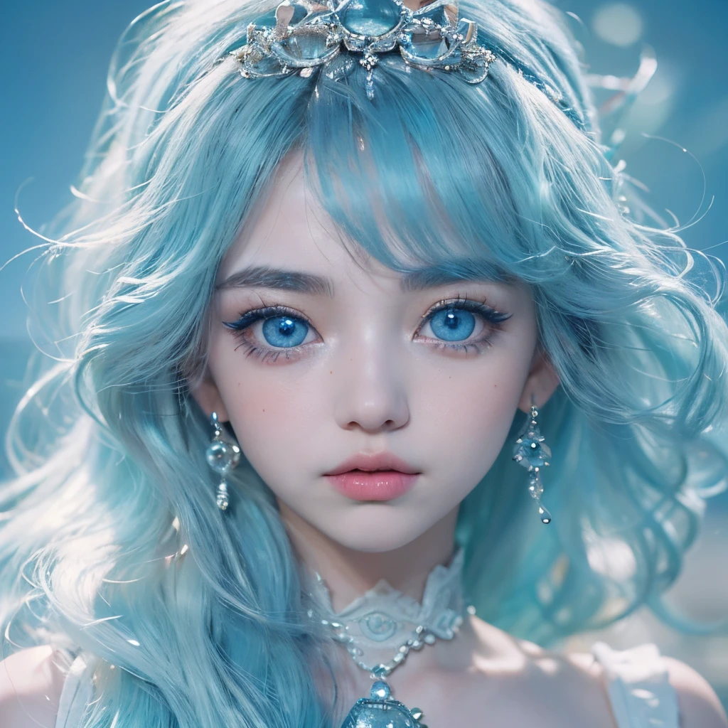 ((masterpiece)), 8k cg, best quality, intricate details, chromatic aberration, ((bust shot)), ((looking at the viewer)), 1girl, ((Character((Filo)), soft smile, closed mouth, soft lips)), ((Sparkly eyes, hyper detailed eyes, extremely beautiful, (((bright blue eyes))), beautiful eyelashes, makeup, heavy blush)), lens flare, ((an extremely beautiful and delicate portrait, delicate facial features, doll face, 16 years old, soft cheeks, big eyes, Asian eyes)), thick eyebrows, (very long wavy hair, ((Ocean Blue Hair color)), shiny hair), full of life, (Blue Lolita Dress, blue Star accessories)), ((Medium Breasts, small shoulders, hourglass figure, thin neck)), absurdres, cinematic lighting, dynamic lighting, fantasy, ((dark background, fog))