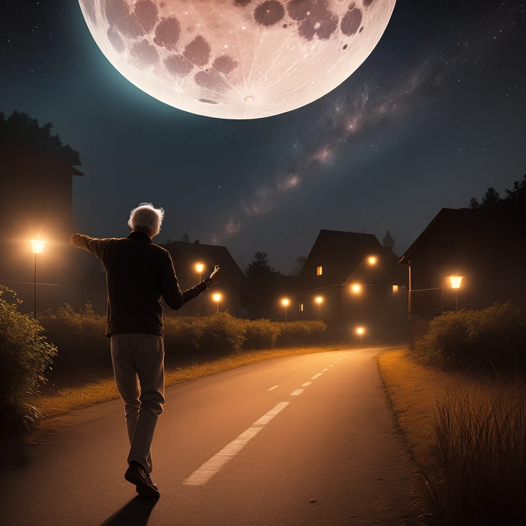 A lone man relishes the melody of the night, dancing to the rhythm of solitude on an empty road, lost in the embrace of music under the moonlit sky.