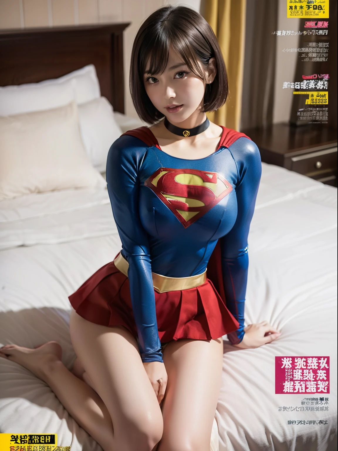 Super masterpiece,Short-haired Supergirl sitting on bed、Plump breasts、Looking at the camera、a choker、bare-legged、Weekly magazine cover、Cheerful pose、highleg、a miniskirt、Tight costumes、seduces、Large open legs、Obscene、Show a glimpse