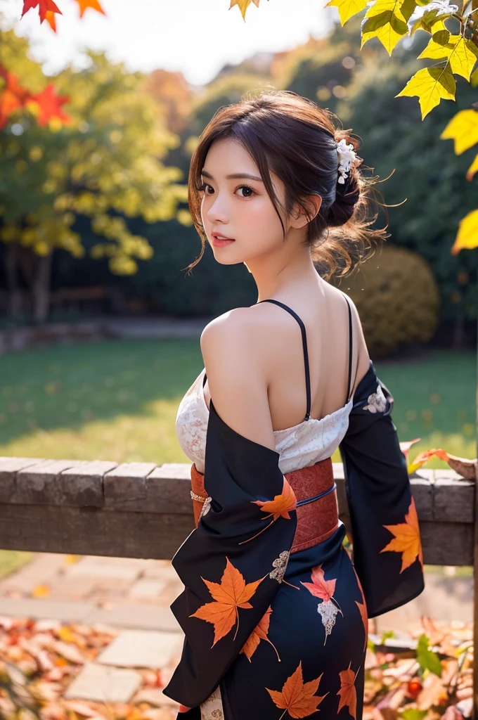 (masutepiece:1.3, Photorealsitic:1.4, 8K), top-quality, masterpiece, 超A high resolution, Professional camera work, Grow Light Effect, Realistic portrait, Cinematic Light, Highly detailed skin and facial texture:1.3, Perfect dynamic composition, The ultra-detailliert, A detailed eye, Detailed limbs, autumnal, Autumn leaves landscape in the evening:1.25, 1girl in, Cute sexy 23 year old slim woman, Fair skin, Autumn leaves are dancing:1.25, (Enraptured look:0.9, Totally captivates you:1.0), (Black kimono:1.31 Only shoulders and scapula exposed), (Backshots, Calm pose), (voluptuous breasts:0.9), (Beautiful blue eyes, Eyes that feel beautiful eros:0.85), Sexy face:0.4, (A mouthfeel that feels beautiful eros:0.85), ((Too cute beauty:0.9))