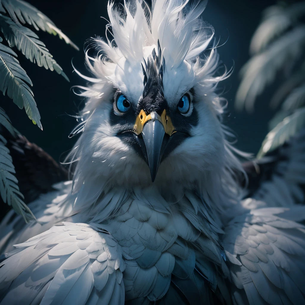 ((masterpiece)), 8k cg, best quality, intricate details, chromatic aberration, ((bust shot)), ((looking at the viewer)), ((dark background, fog)), Large White Bird, Bird Monster, fluffy white feathers, sharp beak, Argentavis bird, mean face, Filoial, large fluffy white wings, blue eyes,