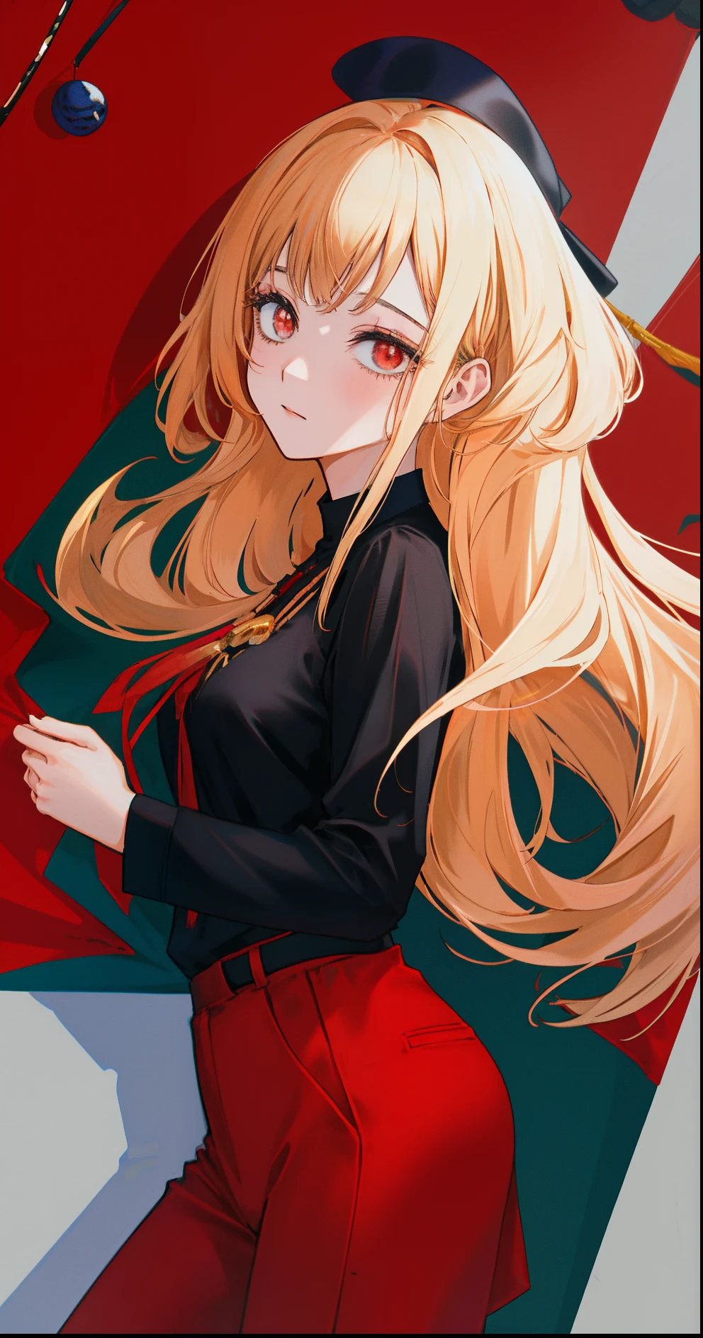 Manga anime Una mujer rubia hermosa,vestida con una camisa roja manga larga, black pant, corbata negra, oscuros,mirando hacia el espectador,8k, holiday vibe, holiday vibe, nevandoesrilo from the year 1980,gorra de navidad