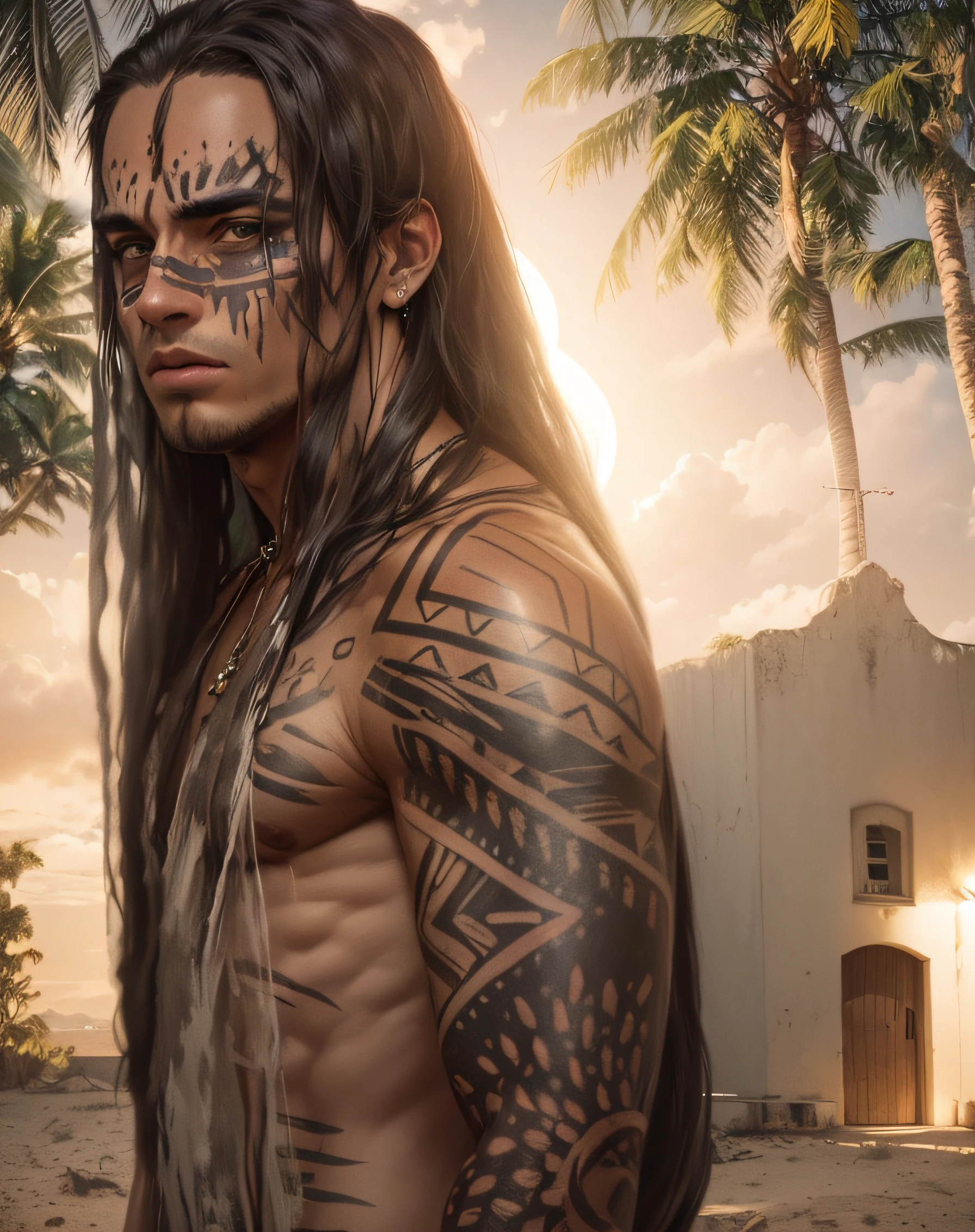 A imagem mostra um homem sem camisa, com cabelos longos e rosto pintado, standing in front of a white building. O homem parece estar usando um colar, and his body is adorned with complex tattoos. A cena tem como pano de fundo palmeiras, giving the impression of a tropical or exotic location. The man's striking appearance and surrounding environment create a captivating and unique atmosphere.