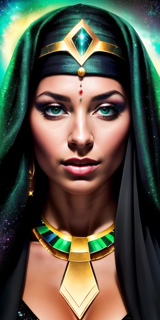 (RAW Photo, best quality), (Hyper Realistic),16k,(realistic, photo-realistic:1.5), extremely detailed, amazing, fine detail, absurdres, Masterpiece,ultra high res, Stunning, (Camera_View_from_Below), ((Beautiful_Mommy_Brazilian_Women_Goddess_Of_Multiverse), Athletic_Body, (Suntan_Dark_Skin:1.1), (fleshy luscious lips), (Imposing Pose in Space Galaxy), (Gorgeous_Long_Blonde_Hair), (wearing_Egyptian_Jewels_Cut_Armor-Suit_with_Long_Bracelets_with_lower_Face_Veil_and_(Sphinx_Tiara_with_Green_Circular_Singularity_Black_Hole_Power_Core)_and_Cloak_with_Intricate_Floid_Isometric_Galaxy_Multiverse_Bioluminescence_Effects), ((high detailed Skin:1.1), (Cleft_Chin), beautiful detailed eyes, naughty face, looking at viewer), volumetric lighting, (Film grain, Fujifilm XT3, 8k uhd, dslr, Lens), (maximalist photo 8k resolution, intricately detailed, complex, elegant, expansive, fantastica), high quality, hollywood lips, wide jaw line, wide lips, narrow beautiful nose, Cinematic, Hyper-detailed, insane details, Cinematic, Hyper-detailed, insane details, Beautifully color graded, lifelike texture dramatic lighting