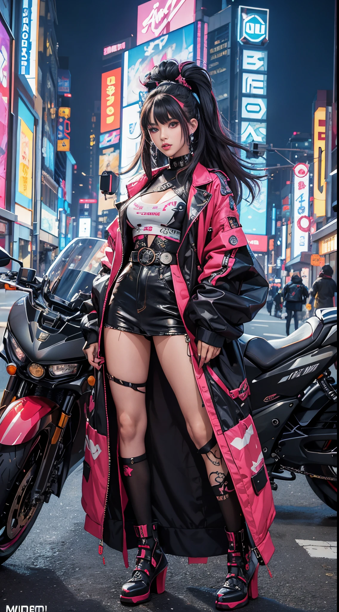 masterpiece, best quality, Confident cyberpunk girl, full body shot, ((standing in front of motorcycle)), Harajuku-inspired pop outfit, bold colors and patterns, eye-catching accessories, trendy and innovative hairstyle, vibrant makeup, Cyberpunk dazzling cityscape, skyscrapers, neon signs, LED lights, bright and vivid color scheme, anime, illustration, detailed skin texture, detailed cloth texture, beautiful detailed face, intricate details, ultra detailed.