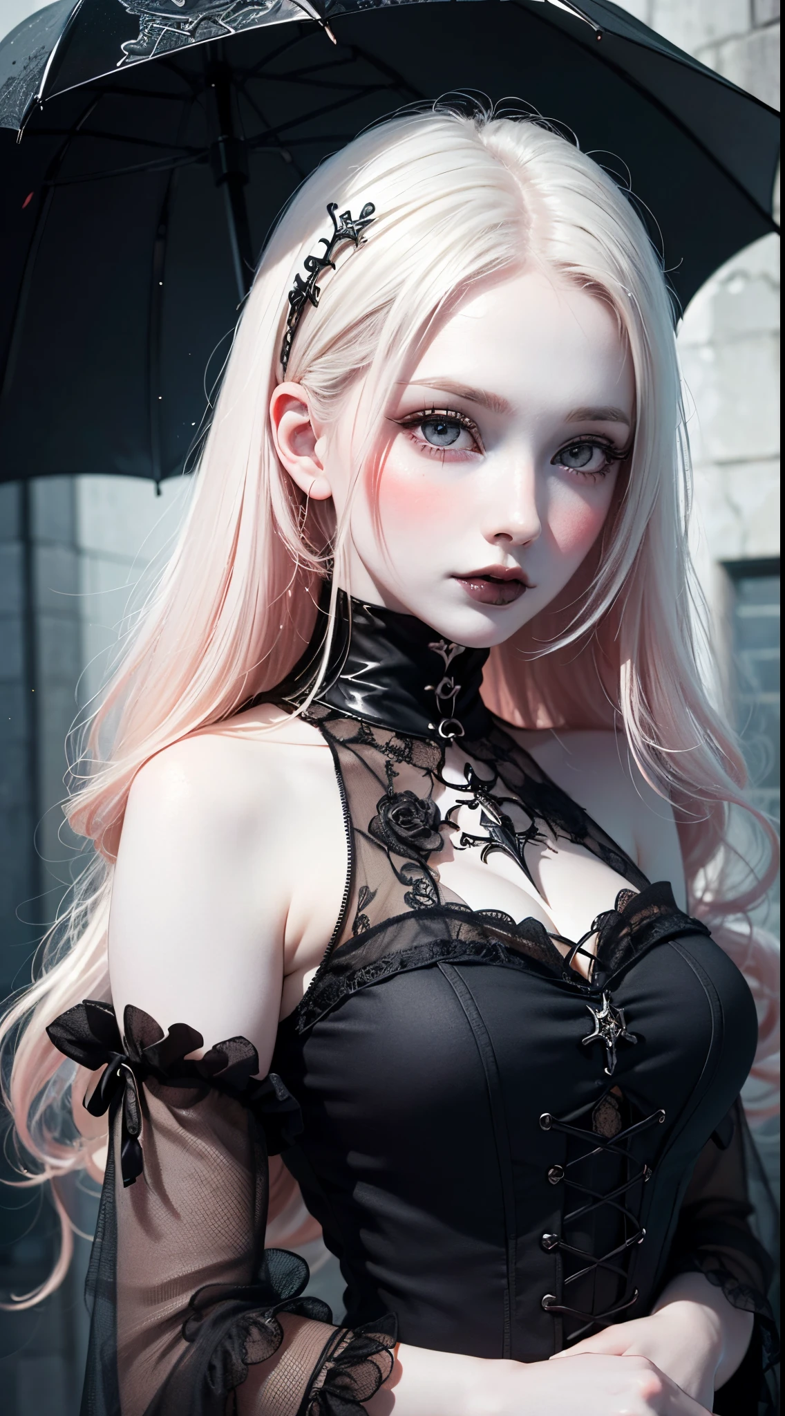 (UHD, retina, masterpiece, ccurate, anatomically correct, textured skin, super detail, high details, high quality, best quality, highres, 1080P, HD, 4K, 8k, 16k), (beautiful detailed eyes, beautiful detailed lips, extremely detailed eyes and face), studio lighting, physically-based rendering, vivid colors, (gothic dress, gothic umbrella), (portrait, shiny hair, shiny skin), [stained glass window, bokeh], (tilt your head to the side:1.5), eye reflection, (blush:1.5), (gothic art, pale skin:1.5), monochrome, (toddler girl:1.2),