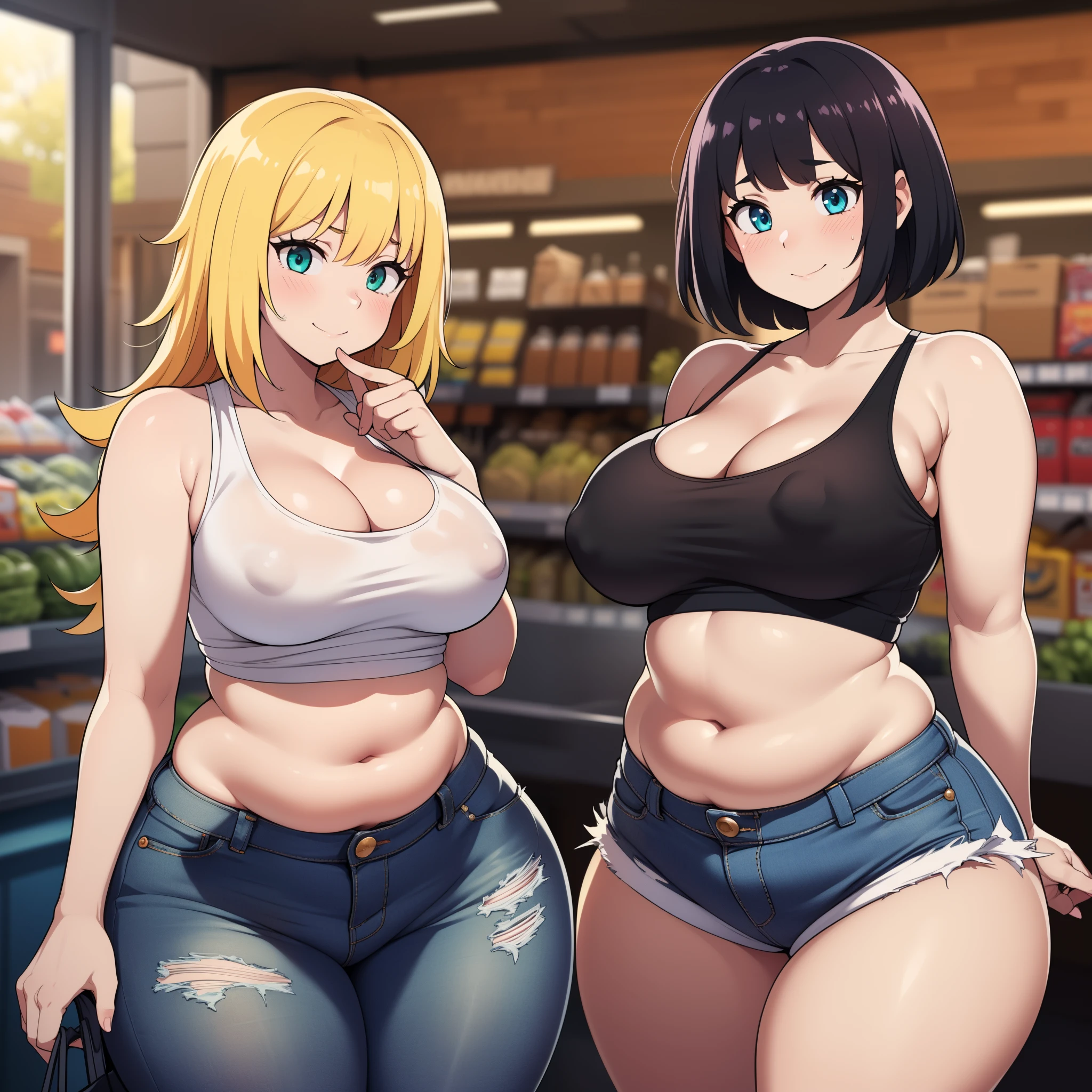 ((high res)), (Masterpiece), perfect anatomy, perfect shading, field of depth, (best quality), extremely delicate and beautiful, perfect lighting, detailed face, ultra cute face, cute, (cowboy shot 1.2), full body, (((2girls))), ((2 girls 1 and 2))

Girl 1: has long hair, fluffy hair, blonde hair, blue eyes, (blush), embarrassed, (crop top 1.2), (jean shorts 1.2), extremely tight clothes, medium breasts, cleavage, perky breasts, ((wide hips)), (thick thighs), (chubby), pudgy belly, fat rolls, belly hang,

Girl 2: has short hair, fluffy hair, black hair, green eyes, pale skin, (blush), aroused, seductive smile, (white tank top 1.2), (jeans 1.2), extremely tight clothes, medium breasts, cleavage, perky breasts, (((wide hips))), ((thick thighs)), (plump), chubby belly, fat rolls, belly hang, she has a jiggly belly,

grocery store, intricate background, detailed background, girls are standing next to each other,