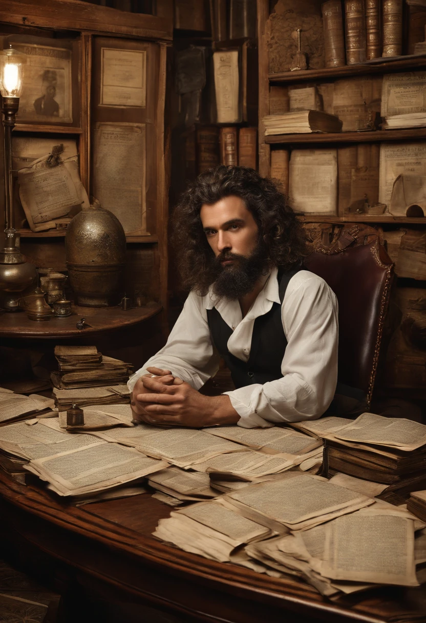 A photo of Vincent sitting at a dimly lit table, surrounded by old scrolls and mysterious artifacts.,original,Vincent “Vortex” Malone, with his disheveled appearance, is often seen in a dimly lit room, surrounded by screens and stacks of obscure books and papers. His wild, unkempt hair and intense, piercing eyes reflect his immersion in the world of conspiracy theories., male
