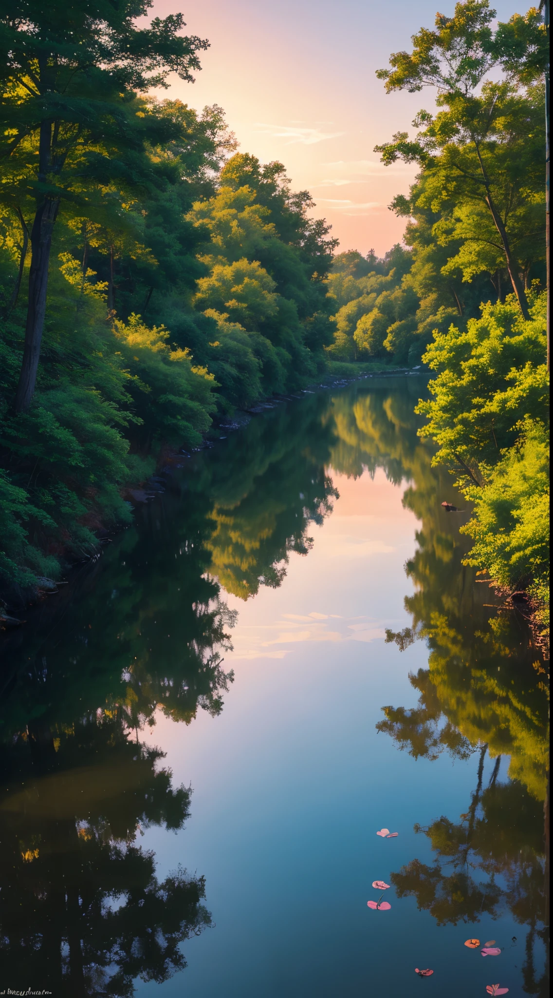 Impressionistic watercolor landscape revealing a rustic dwelling precariously nestled against a serene flowing river, as the declining sun births a variegated canvas in the sky and mirrors its brilliance on the surrounding foliage and tranquil water, quaint dwelling, tranquil river, sinking sun, vibrant sunset, lush nature, twilight, painterly texture, rich foliage, serene harmony, reflection in the water, warm color palette, broad brush strokes, dreamy atmosphere, gradient sky, soft lighting, artistic impressions