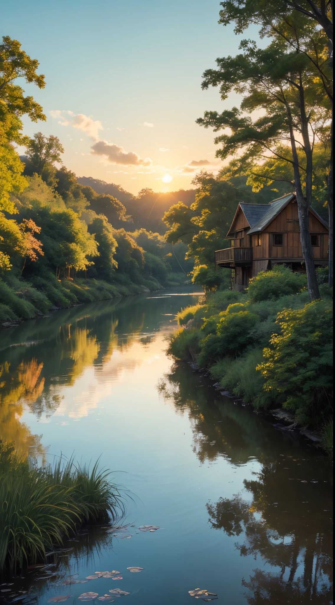 Impressionistic watercolor landscape revealing a rustic dwelling precariously nestled against a serene flowing river, as the declining sun births a variegated canvas in the sky and mirrors its brilliance on the surrounding foliage and tranquil water, quaint dwelling, tranquil river, sinking sun, vibrant sunset, lush nature, twilight, painterly texture, rich foliage, serene harmony, reflection in the water, warm color palette, broad brush strokes, dreamy atmosphere, gradient sky, soft lighting, artistic impressions