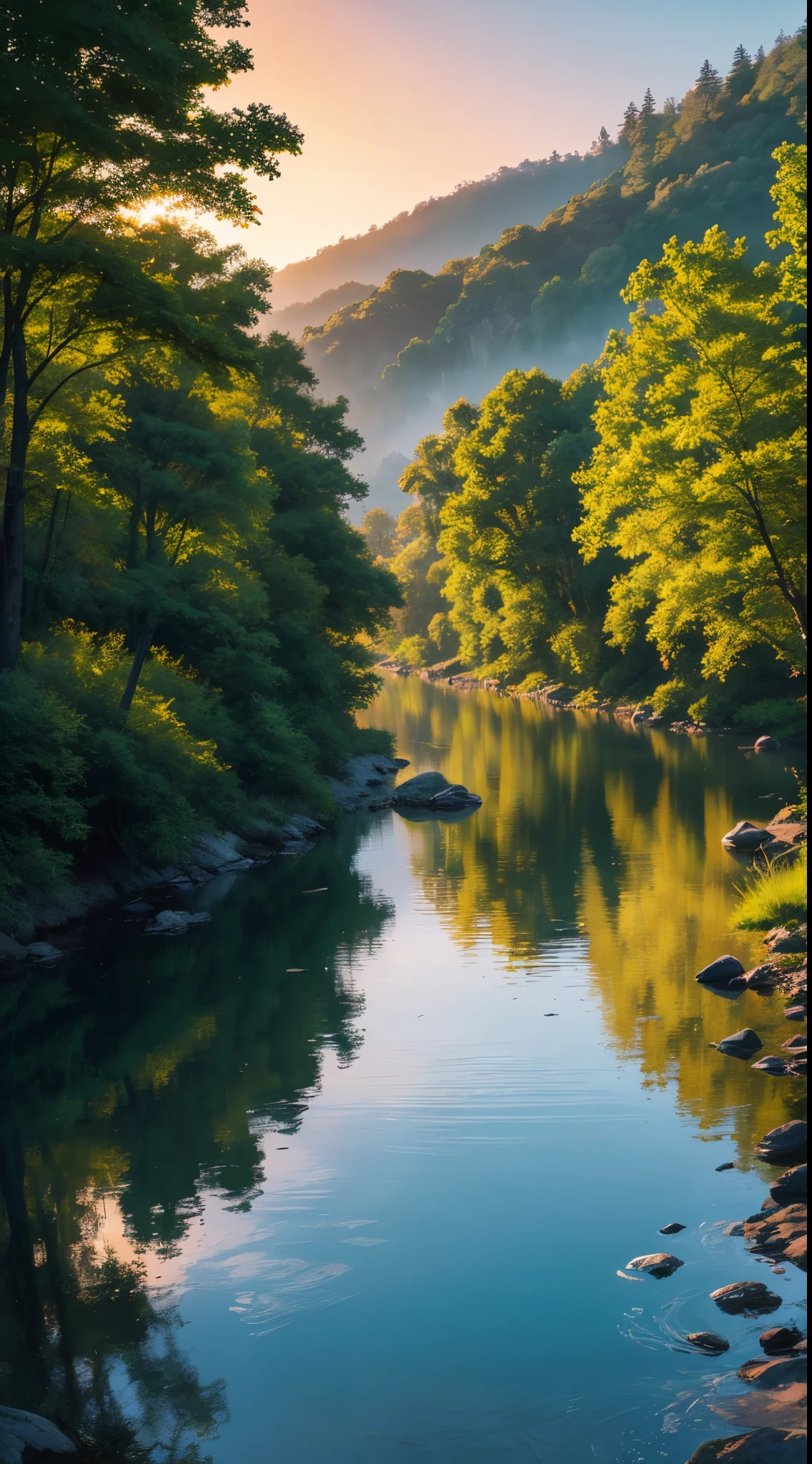 Impressionistic watercolor landscape revealing a rustic dwelling precariously nestled against a serene flowing river, as the declining sun births a variegated canvas in the sky and mirrors its brilliance on the surrounding foliage and tranquil water, quaint dwelling, tranquil river, sinking sun, vibrant sunset, lush nature, twilight, painterly texture, rich foliage, serene harmony, reflection in the water, warm color palette, broad brush strokes, dreamy atmosphere, gradient sky, soft lighting, artistic impressions