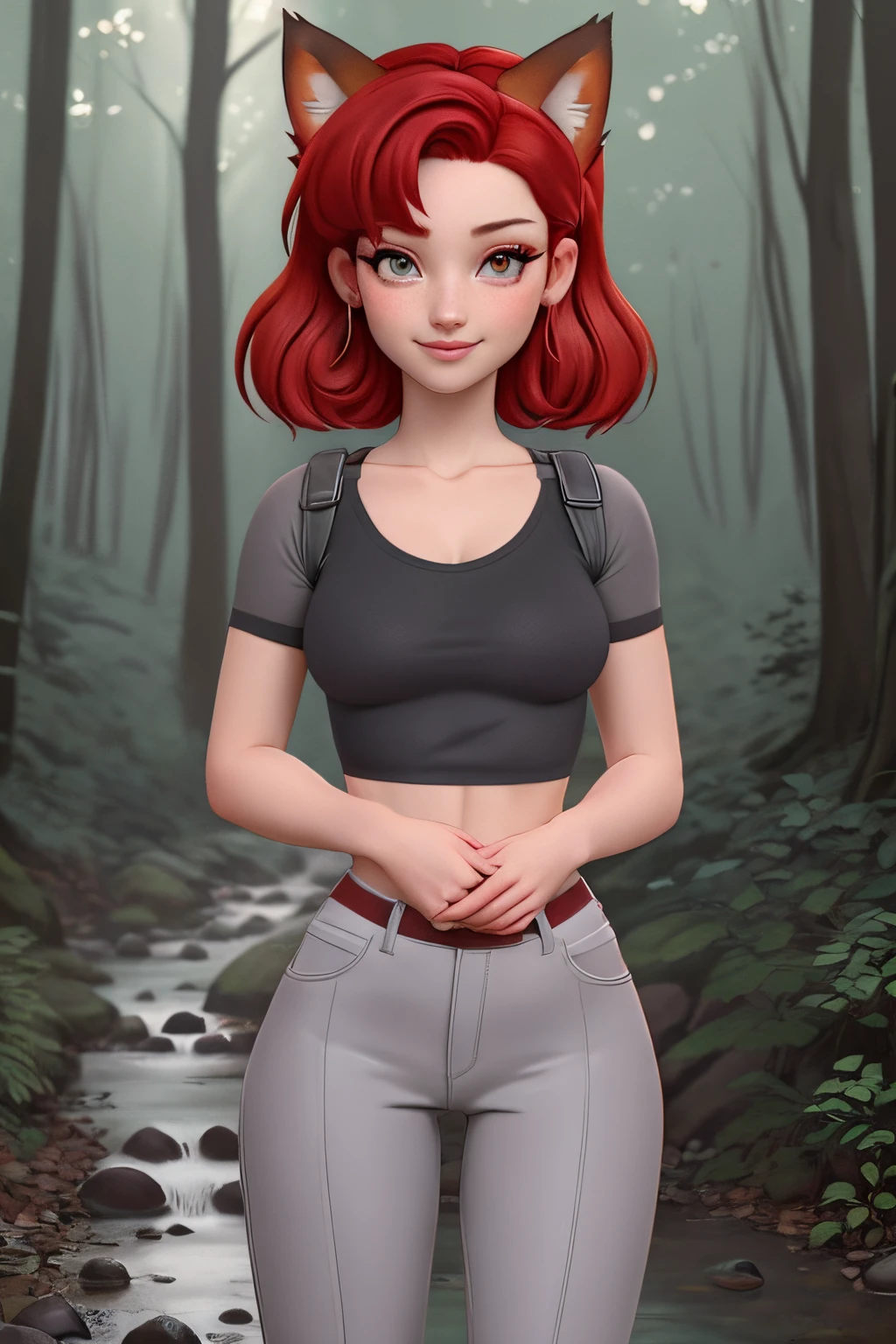 close up 1girl in, ager, Solo, (undercut red hair: 1.28), ((light gray eyes)), some small freckles, (dark maroon fox ears:1.25), pale skin, medium breasts, cleavage, (thin hips, thin waist: 1.25), (arched back:1.12), detailed skin, mischievous face, shy smile, revealing clothes, (wearing cropped T-shirt, leggings: 1.1), looking at viewer, (groping chest: 1.34), (standing: 1.22), (detailed magical forest background:1.1), creek, overlooking opening in forest, relaxing, 4k textures, soft light, elegant, highly detailed, sharp focus, soothing tones, insane details, intricate details, hyperdetailed, low contrast, exposure blend, hdr, faded