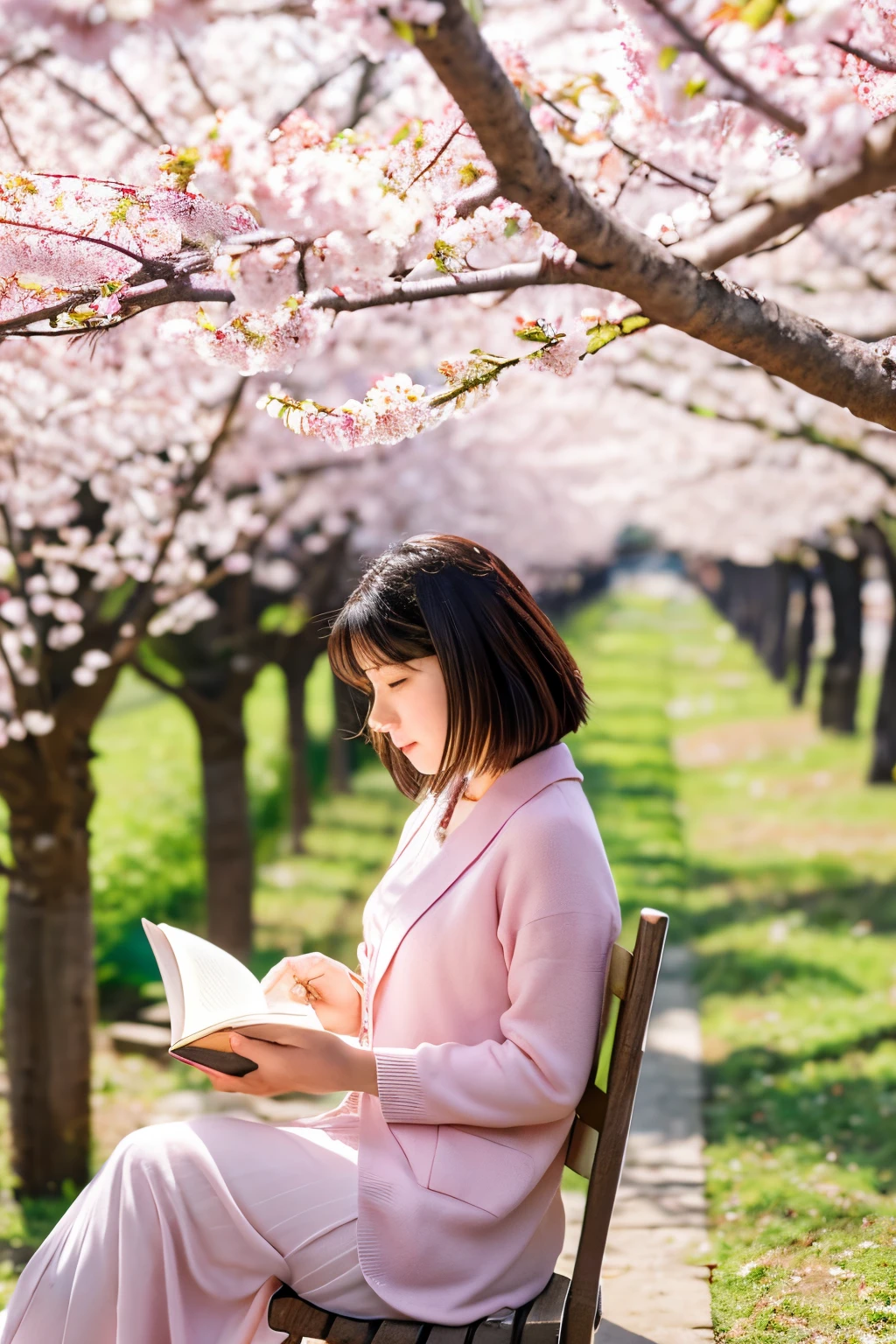 Picture a serene scene where a woman leisurely reads a book on a bench nestled near a cherry blossom-lined path along a river, with the cherry blossoms in full bloom. The air is filled with the delicate fragrance of cherry blossoms, and a soft breeze causes the petals to gently dance in the air. The woman, bathed in the soft pink glow of the cherry blossoms, is engrossed in her book, completely absorbed in the world of words. The sound of the flowing river adds a soothing melody to the peaceful ambiance. The sunlight filters through the blossoms, casting a warm and dappled light on the pages of her book as she enjoys the tranquility and beauty of the spring day.