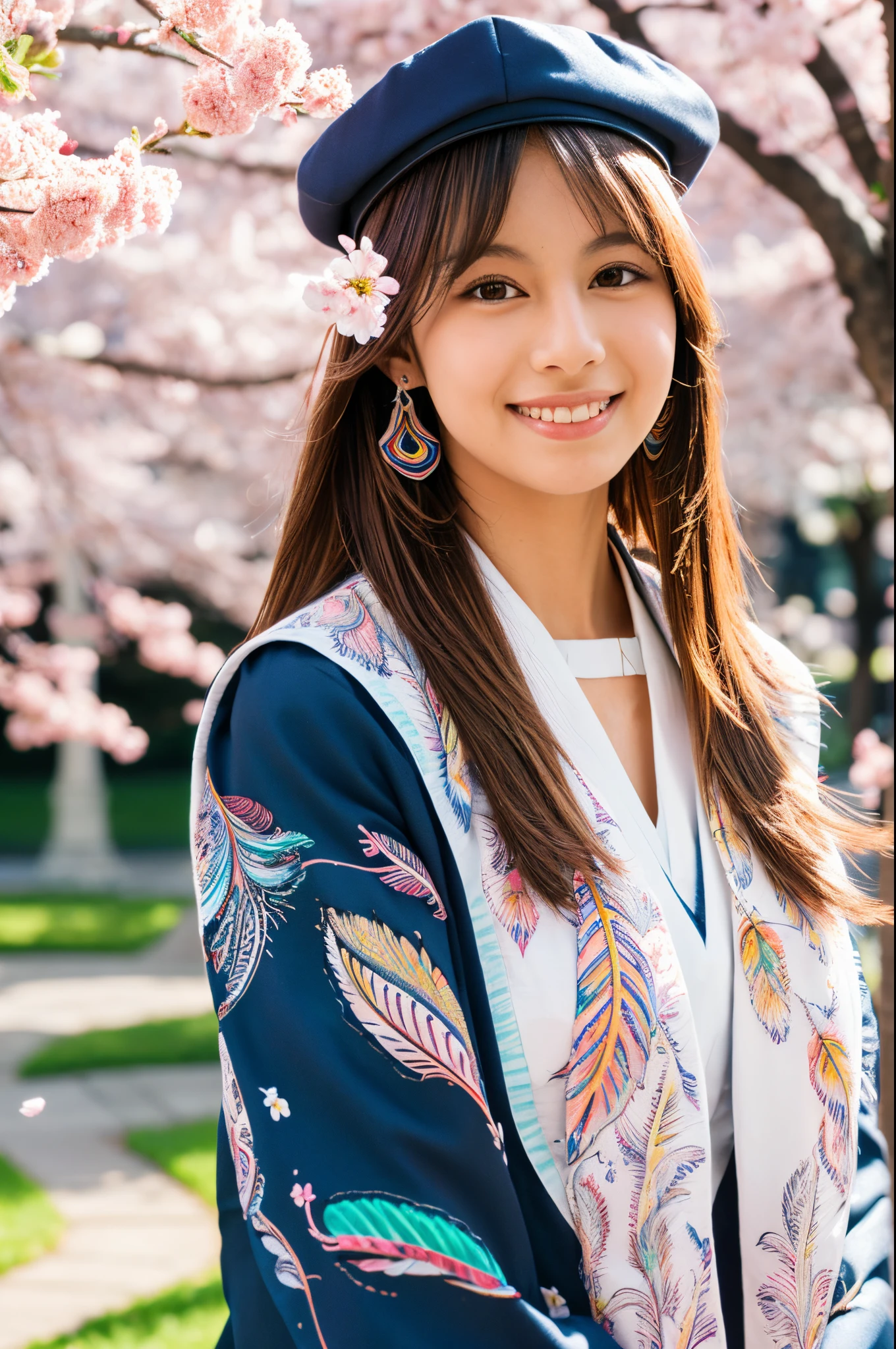 Academic Gowns, Academic Lobe, Mortarboard, Square Cap, university campus, Buildings, cherryblossom, Smiling, girl with, Detailed uniforms, look at viewr, (Sigma 85mm f1.4), depth of fields, Bokeh, Detailed photorealistic backgrounds, diffused natural sunlight, diffused natural skin glow, Face Focus, Extremely detailed, (Abstract background, Zentangle, Fractal Art:1.3), (Many colors, Colorful:1.1), (Feathers, flower petals, Flowers:1.3), earrings