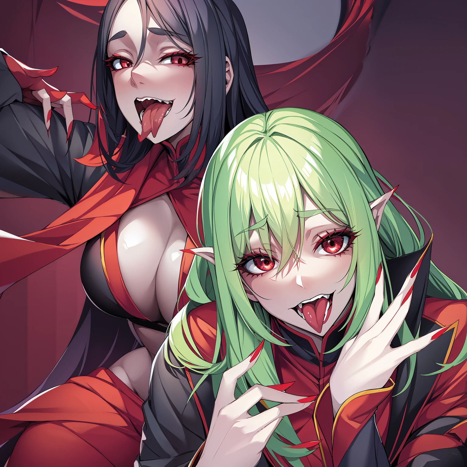 red eyes, tongue out, fingernails, colored skin, zombie pose, JiangshiT, CatherineVG, 1girl