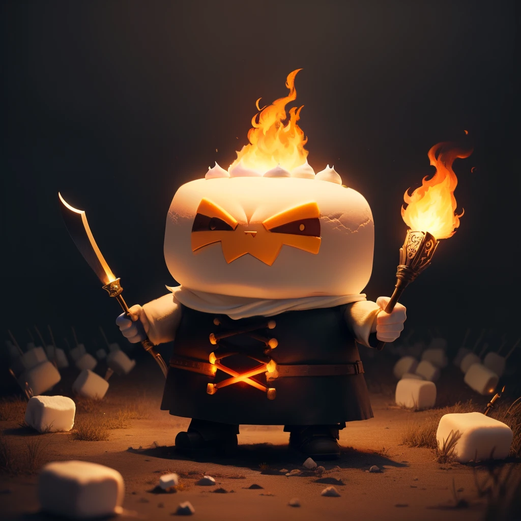Angry giant marshmallow, has pitchforks and torches, has mini marshmallow army