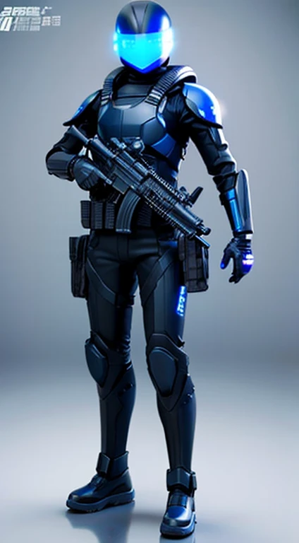 Futuristic cool special forces full body design。Fully armed with blue lenses and a black helmet.。The color is black。I don't have a weapon