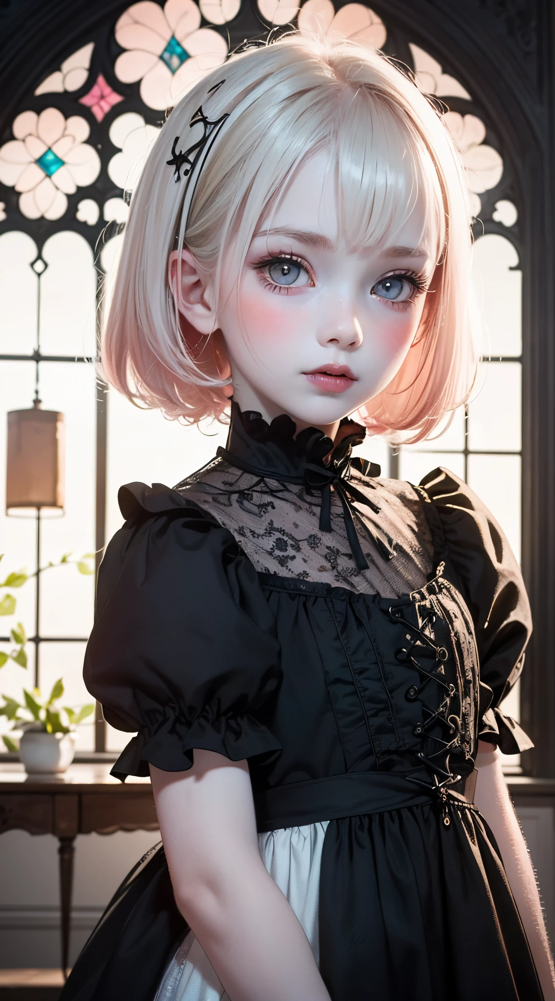 (UHD, retina, masterpiece, ccurate, anatomically correct, textured skin, super detail, high details, high quality, best quality, highres, 1080P, HD, 4K, 8k, 16k), (beautiful detailed eyes, beautiful detailed lips, extremely detailed eyes and face), studio lighting, physically-based rendering, vivid colors, (gothic dress), (portrait, twintails, shiny hair, shiny skin), [stained glass window, bokeh], (tilt your head to the side:1.5), eye reflection, (blush:1.5), (gothic art, pale skin:1.5), monochrome, (toddler girl:1.5),