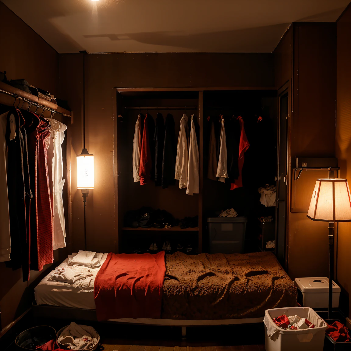 red-light district、Inside the brothel、Narrow and cramped room、The room is dark with only indirect lighting.1 Japanese prostitute wearing red underwear、cowboy shot,one small bed、one trash can、Towels are overflowing from the trash can、There are a lot of clothes on hangers