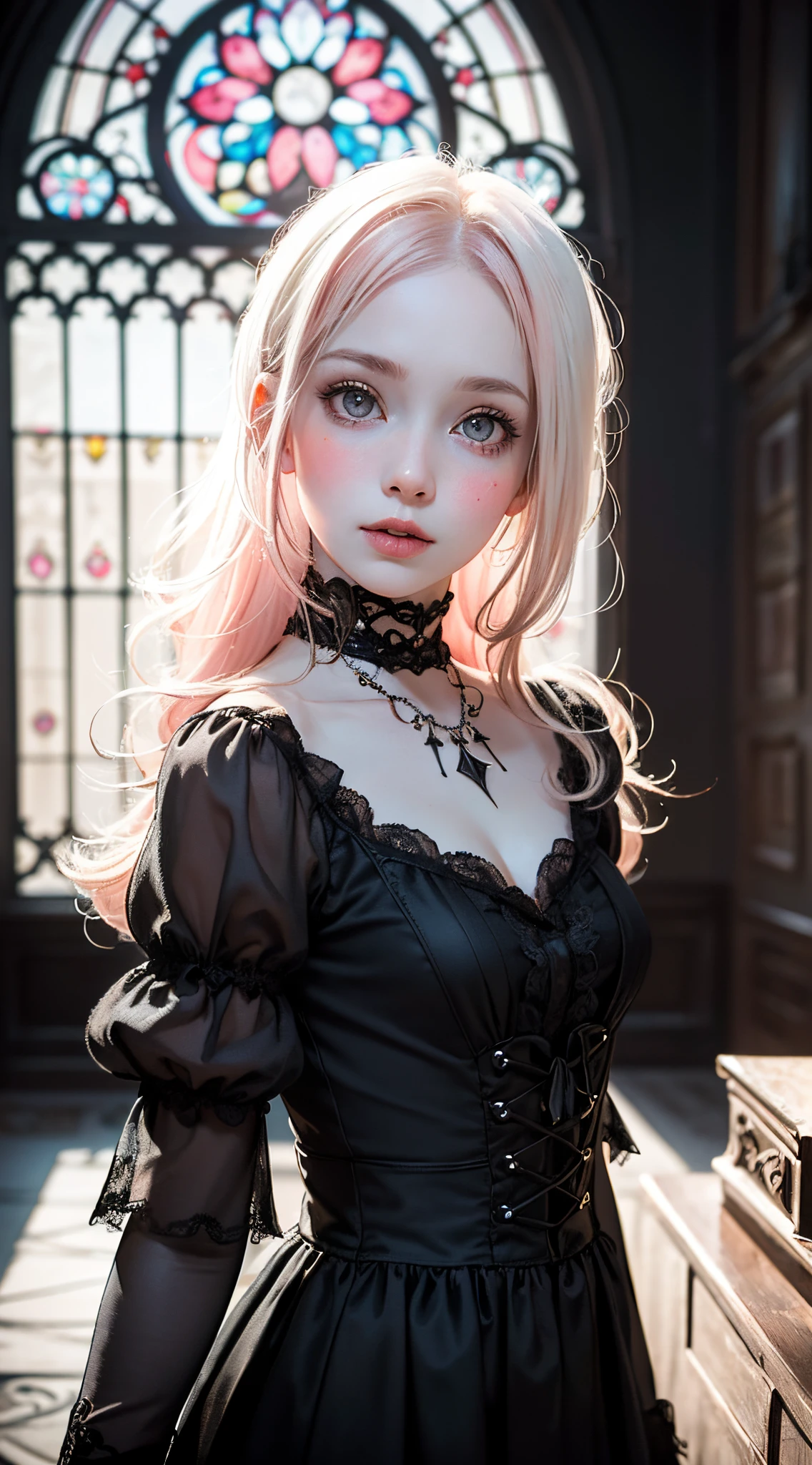 (UHD, retina, masterpiece, ccurate, anatomically correct, textured skin, super detail, high details, high quality, best quality, highres, 1080P, HD, 4K, 8k, 16k), (beautiful detailed eyes, beautiful detailed lips, extremely detailed eyes and face), studio lighting, physically-based rendering, vivid colors, (gothic dress), (portrait, shiny hair, shiny skin), [stained glass window, bokeh], (tilt your head to the side:1.5), eye reflection, (blush:1.5), (gothic art, pale skin:1.5), monochrome, (toddler girl:1.5),