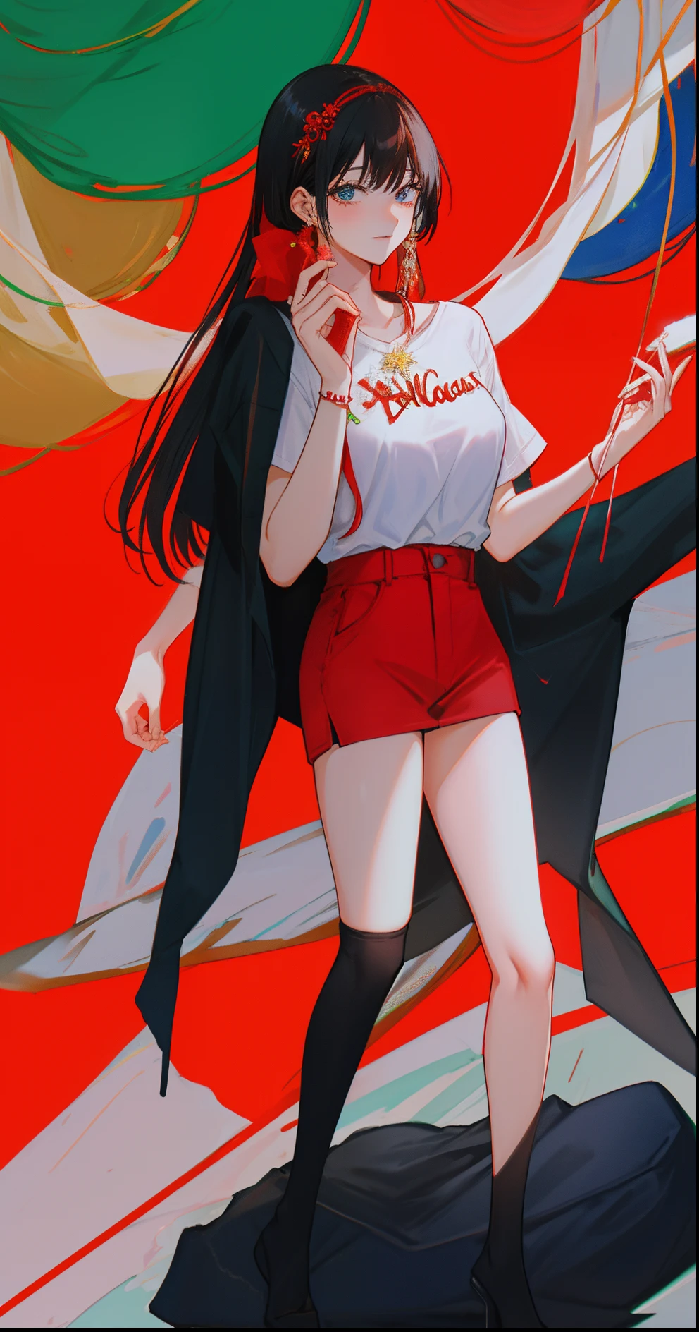 Manga anime Una mujer rubia hermosa,vestida con una camisa roja manga larga, black pant, corbata negra, oscuros,mirando hacia el espectador,8k, holiday vibe, holiday vibe, nevandoesrilo from the year 1980,gorra de navidad