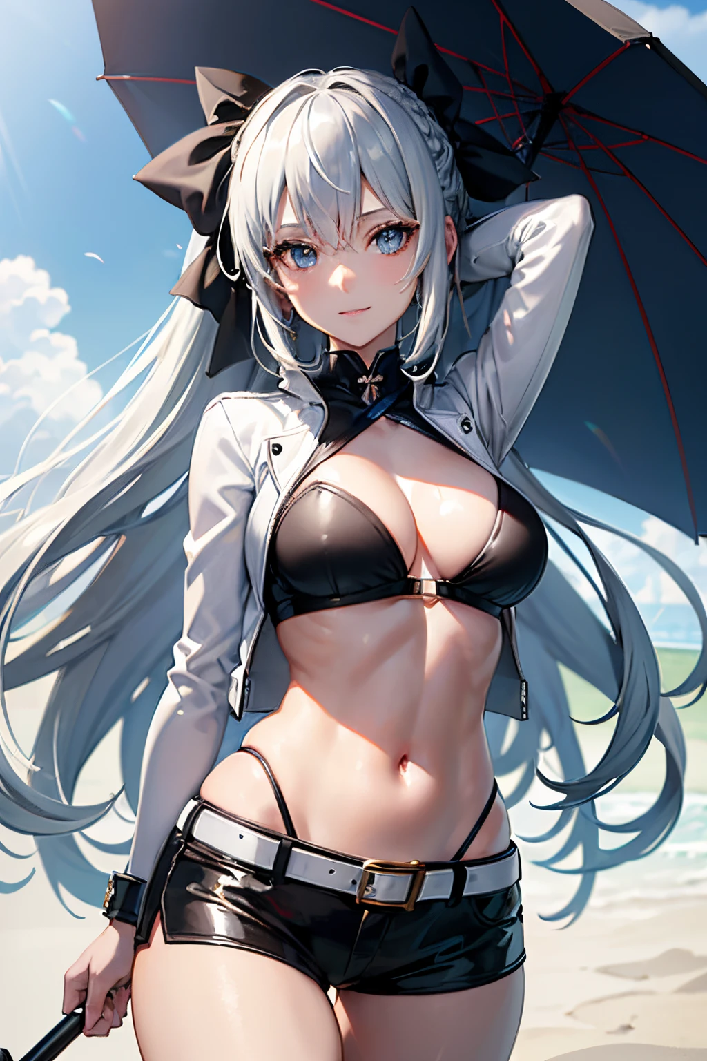 (*****, top-quality, 8K, masterpiece, Top image quality, Hi-Res, super detailing, Ultra HD, best quality, detailed background, (hyper detailed, intricate detail, Detailed hair ++, detailed eyes ++, raytracing, perfect shadow, enhanced eyes), (Delicate and smooth skin, real looking skin, Perfect and beautiful face ,Perfect and cute face, high detail skin, Perfect limbs)), girl, arms behind head, black thigh band , ahoge , belt buckle , black belt , black ribbon , blue bikini , bikini under clothes, blue eyes , blue sky , blue umbrella , blush , cleavage , cloud , confetti , contemporary , day , french braid , grey hair , grin , hair between eyes , hair ribbon , highleg bikini , holding umbrella , jacket , long hair , looking at viewer, pov from below, view from below , medium breasts , navel , open leather jacket , outdoors , parasol , ponytail , race queen , short shorts , sidelocks , smile , solo , stomach , very long hair , white jacket , white shorts, shiny skin
