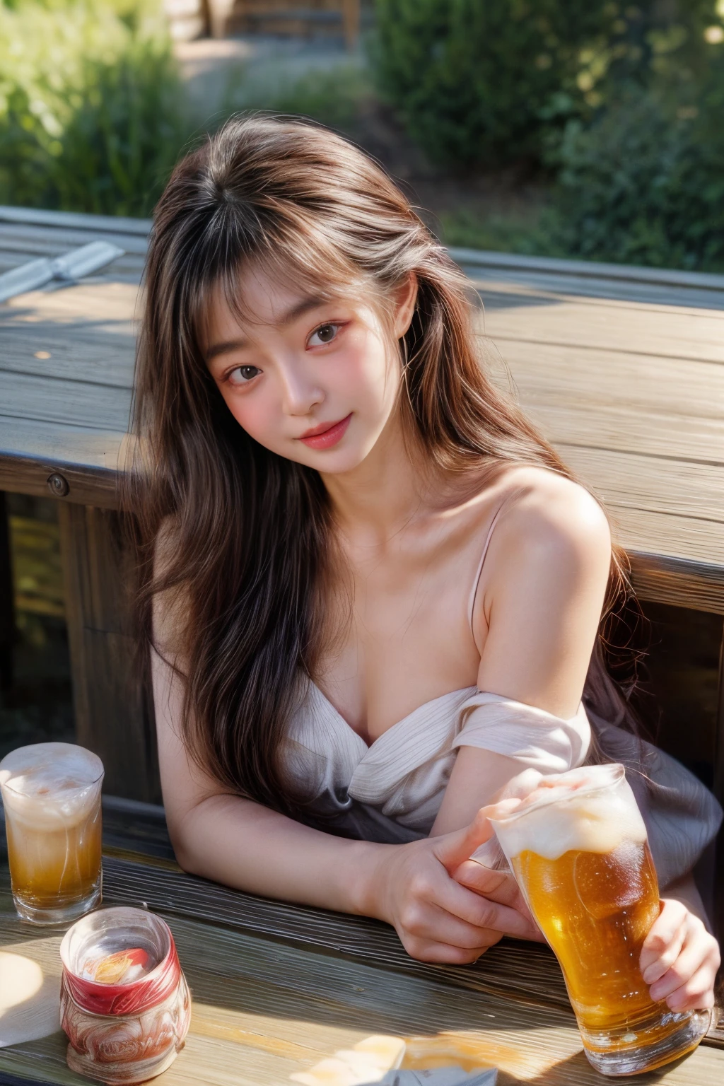 ​masterpiece、8K、32K、top-quality、(A detailed eye)、(A cute Japanese woman、bangss)、23years old、1 girl in、elegent、(Detailed background depiction、portlate:1.2)、(blushed face、ssmile:1.4)、Be undress、(beer garden:1.3)、sitting on、(food and drinks on the table:1.4)、cowboy  shot、(get drunk:1.7)