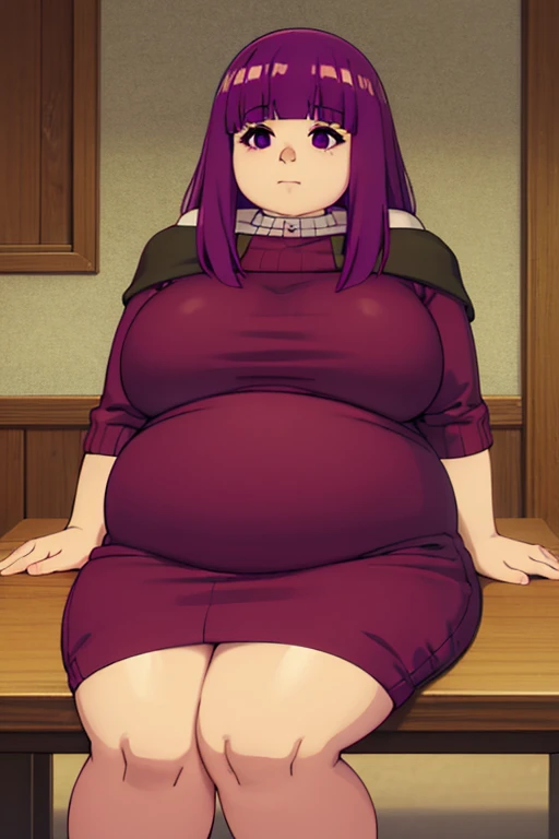 fern, fat, obese, overweight , big belly, purple hair, wearing a sweater, table with food, sleeping ,laying down, holding belly, food coma, napping because she ate too much, fat