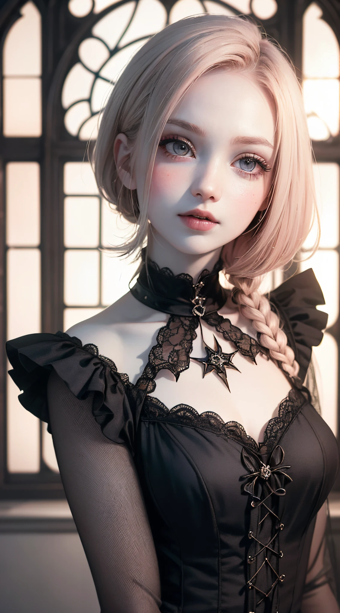 (UHD, retina, masterpiece, ccurate, anatomically correct, textured skin, super detail, high details, high quality, best quality, highres, 1080P, HD, 4K, 8k, 16k), (beautiful detailed eyes, beautiful detailed lips, extremely detailed eyes and face), studio lighting, physically-based rendering, vivid colors, (gothic dress), (portrait, shiny hair, shiny skin), [stained glass window, bokeh], (tilt your head to the side:1.5), eye reflection, (blush:1.5), (gothic art, pale skin:1.5), monochrome, (toddler girl:1.2),