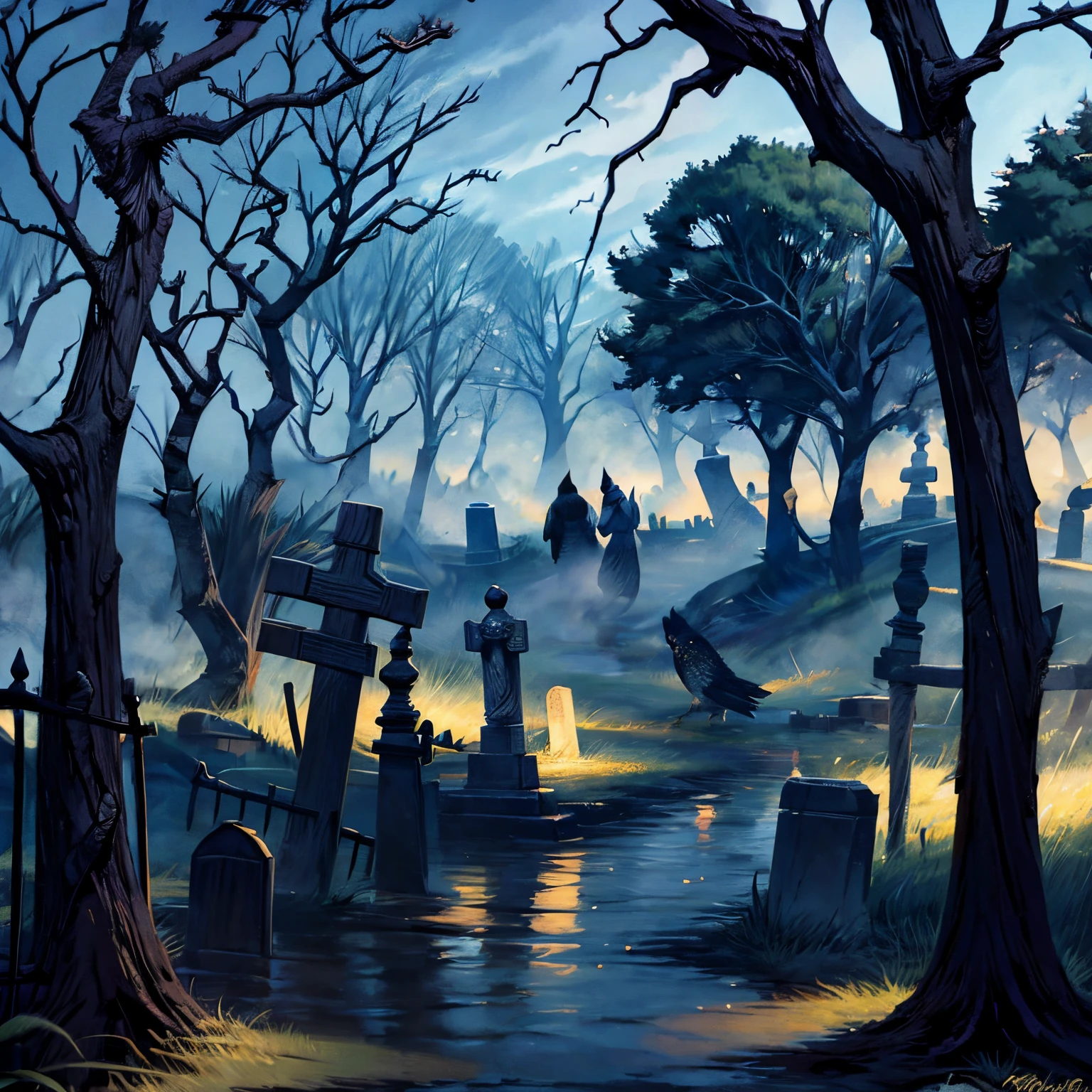 Foto realista em estilo anime, best possible quality, adult woman walking in the cemetery, noite, add an owl to a tree