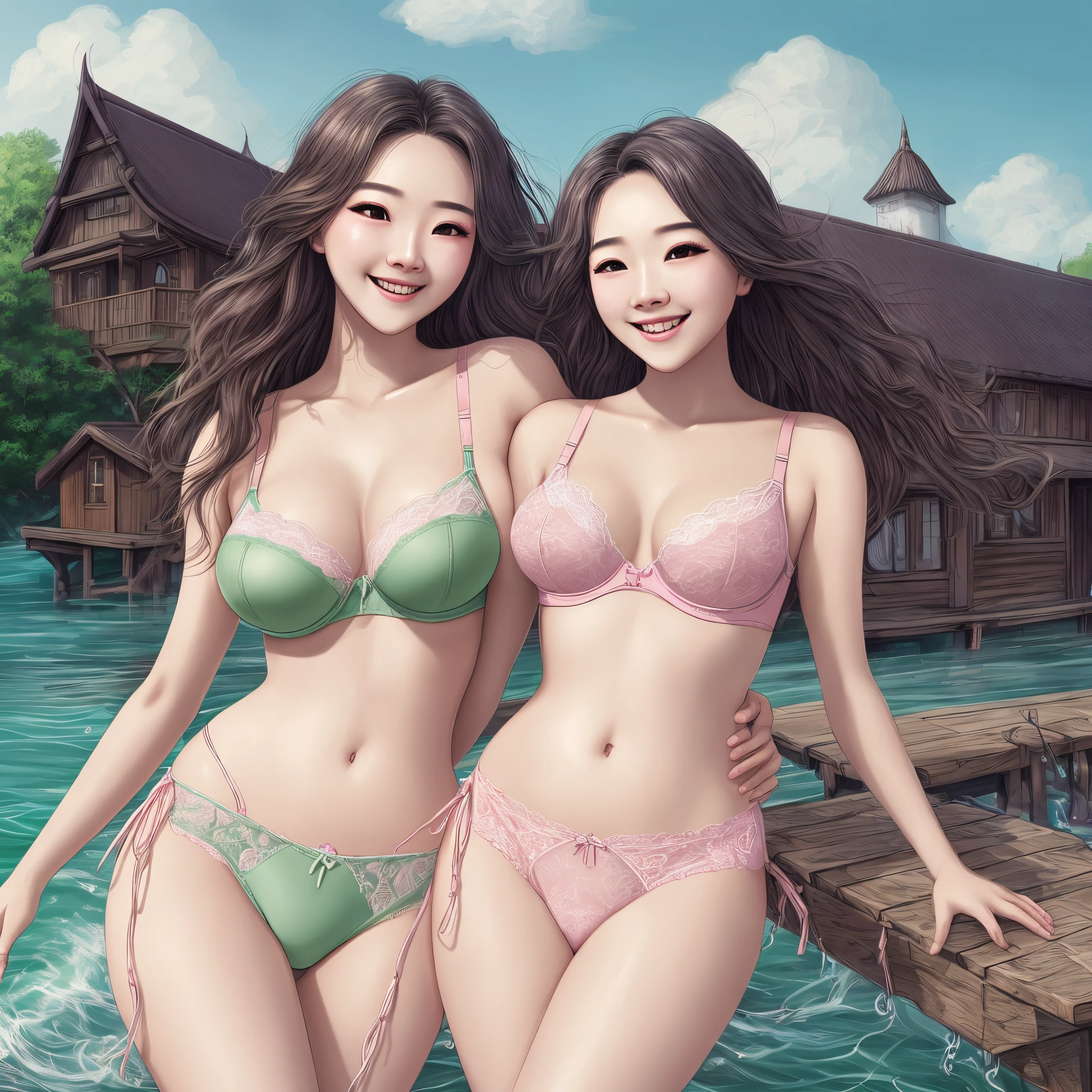 Best Quality, Illustration, Ultra-detailed, finely detail, hight resolution, 8K Wallpaper, Perfect dynamic composition, Beautiful detailed eyes, Young and attractive Thailand woman 3 people、22 years old, bbw、pink green lingerie、lace bra、 String bread、Long Wave Hair、A smile、 top-quality、Overwater Cottage