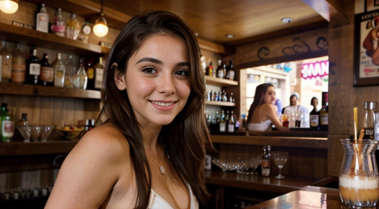 Hermosa chica realista en la barra de un bar yomando un cosmopolitan