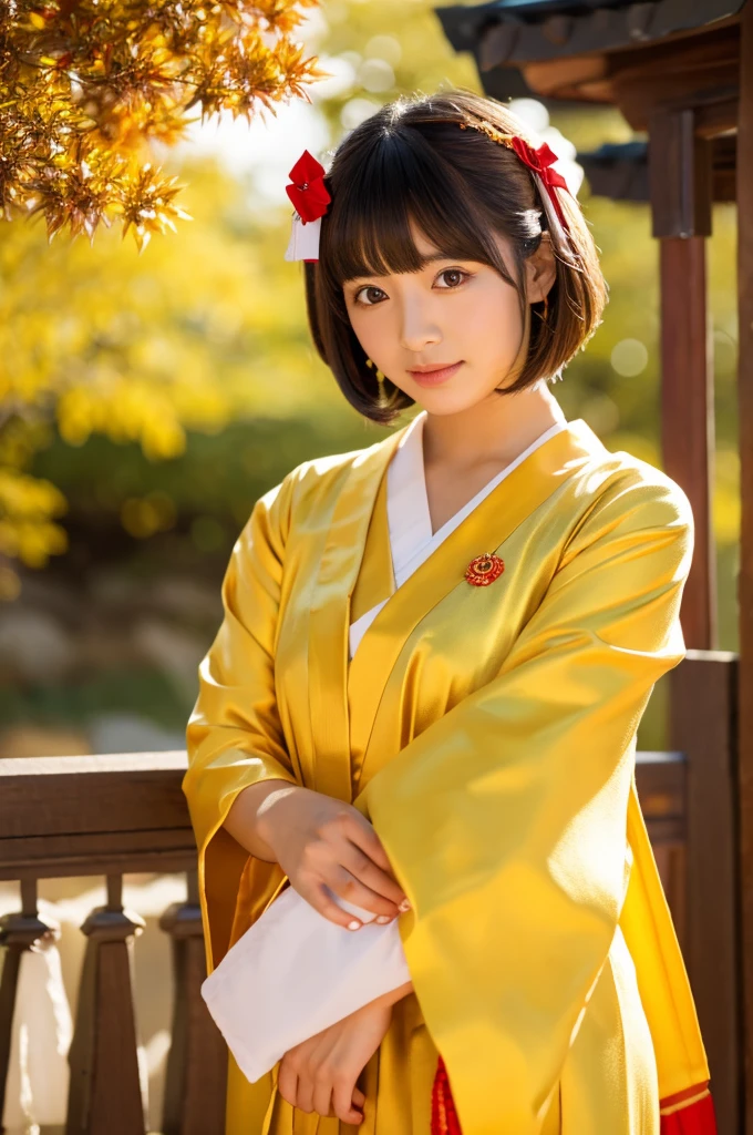Shrine maiden in golden clothes Hair is a short bob
