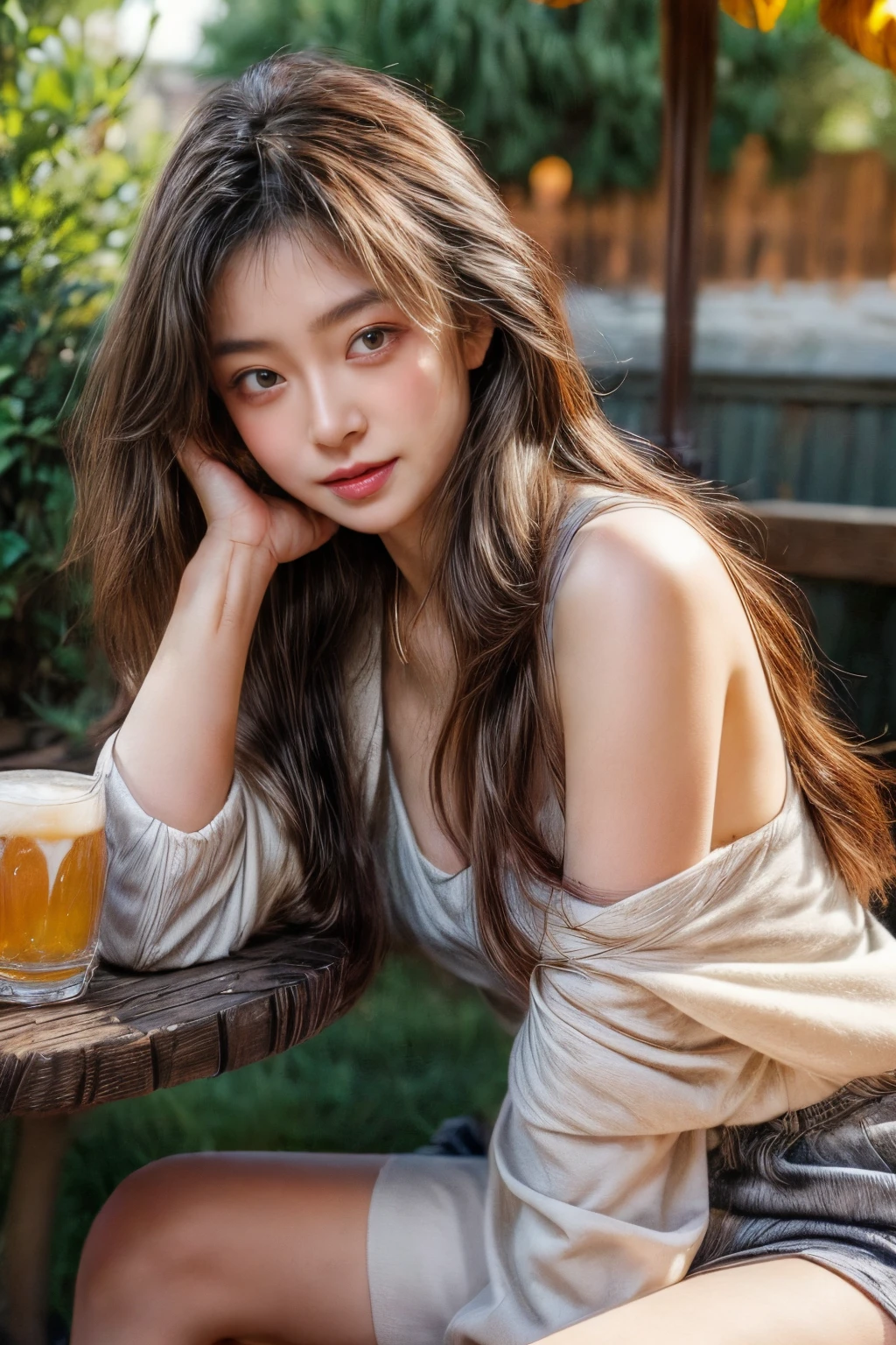 masterpiece、8K、32K、top-quality、(A detailed eye)、(A cute Japanese woman、bangss)、23years old、1 girl in、elegent、(Detailed background depiction、portlate:1.2)、(blushed face、ssmile:1.4)、Be undress、(beer garden、natta:1.3)、sitting on、(food and drinks on the table:1.4)、cowboy shot、(get drunk:1.7)