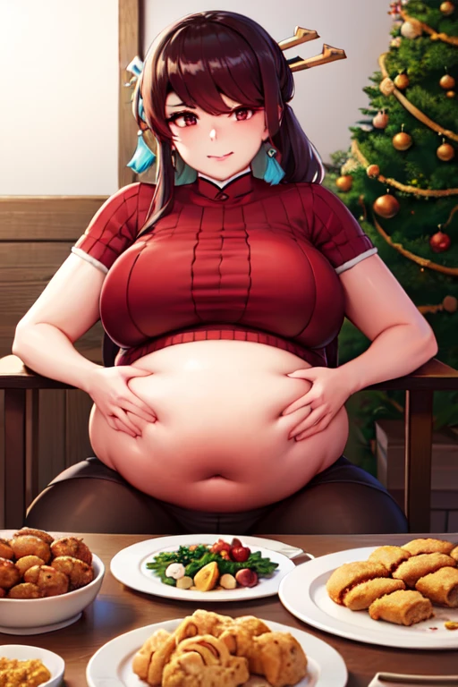 Fat, chubby, large belly, pregnant, obese, very fat, beidou, big belly, very fat, large stomach, chubby (best quality, masterpiece), thanksgiving, wearing sweater, grabbing belly, sitting down, table with of food, table tons of food, lots of food, holding belly, table with food, sitting, wearing sweater, Christmas, Holiday, Christmas cookie, beidou from genshin impact