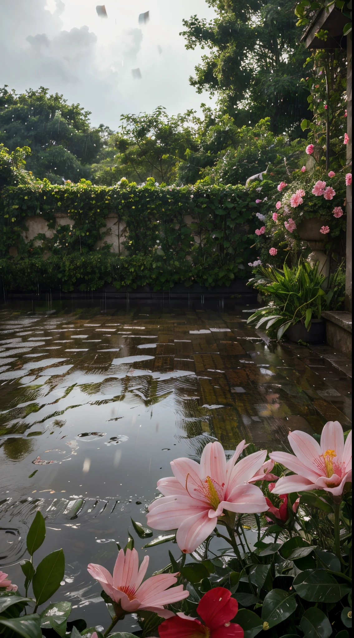 Wallpaper reality, IMG garden side in flower 🌺 🌹, weather rain hyper realistic ultra quality, 8k, sunlight, water rain time morning