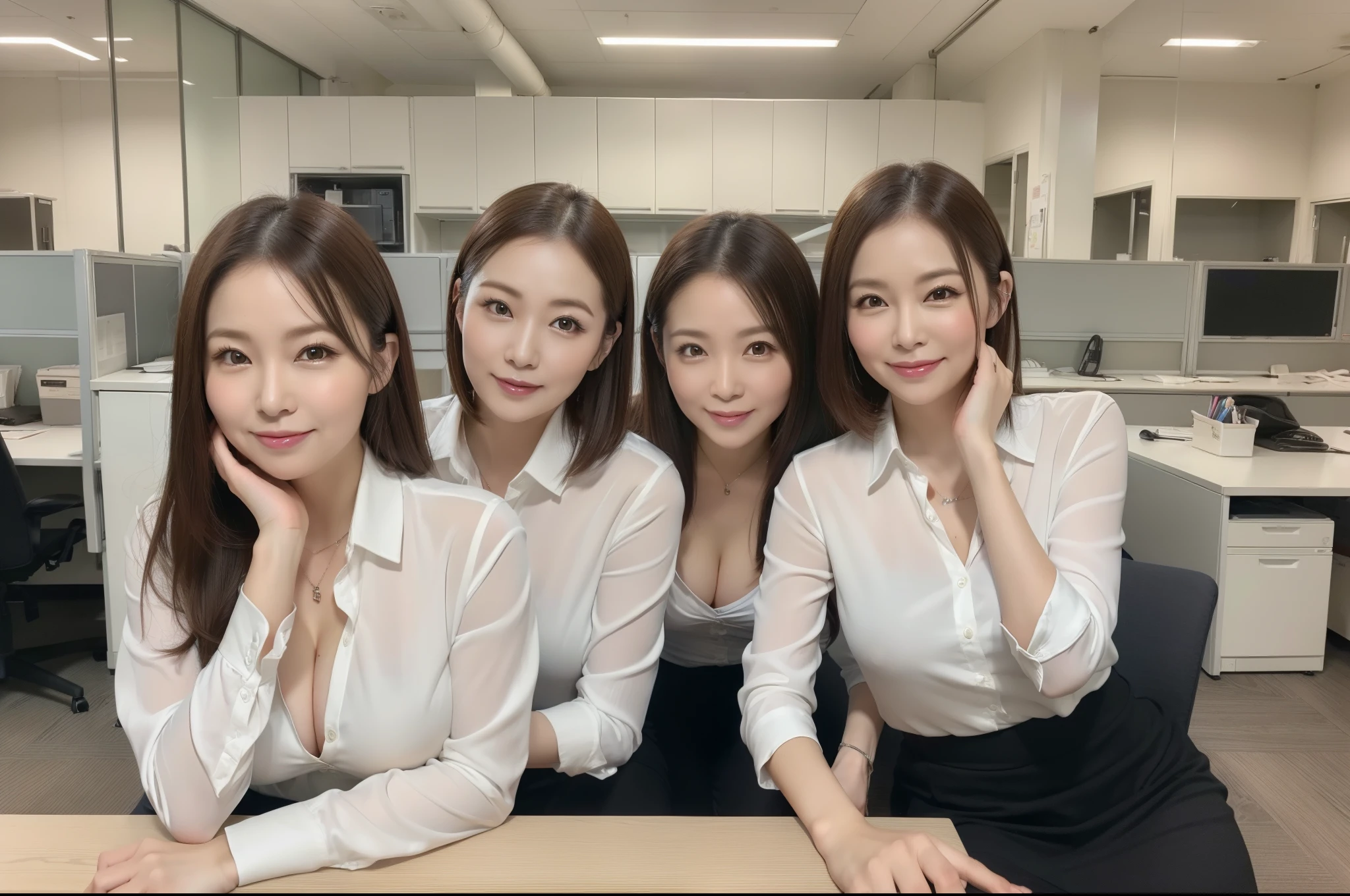 ((Best Quality, 8k, Masterpiecedetails, ultra-high resolution)), (group picture),(looking at the viewer), (full shot:), attractive business 5 milfs, 5 people, a bit chubby:0.15, seductive expression, seductive underwear, (sitting with cross legs on office desks)), smile, office of CEO,