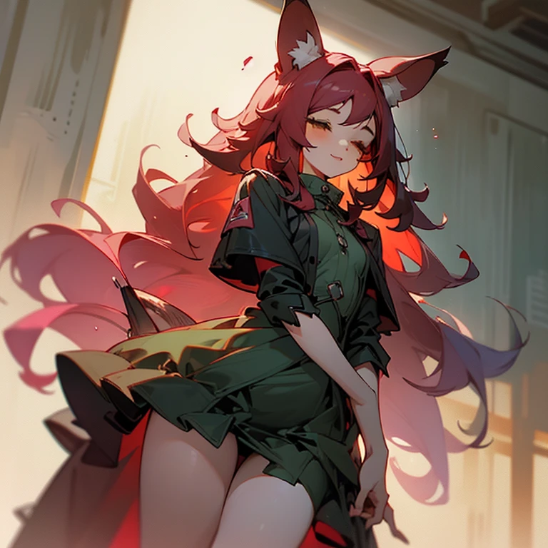 (Masterpiece)), ((Best Quality)), ((1 Girl)), ((kangaroo ears and tail)) ((bimbo)) Crimson hair red + long curly to below thighs + Long curved eyelashes + honey eyes + full pink lips + Soft and feminine features + average height + Button nose + femenine body + Small Chest + thick thighs + Pale skin + medium-sized hands + Long and neat nails soft skin. ((Dark Green Dress, Elegant Black Jacket)) ((Friendly smile, sleepy eyes))
