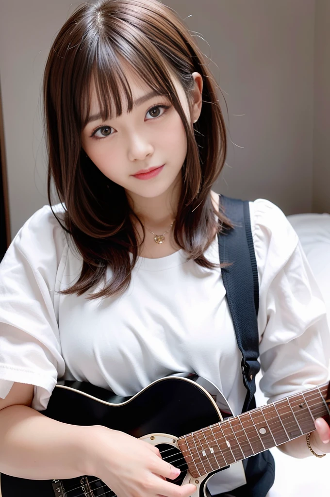 (8K, Raw photo:1.2),Detailed face and eyes,Best Quality, 超A high resolution, Highly detailed ,intricate detailes ,masutepiece ,Cute Girl , Soft cinematic light, Hyper-detailing, High quality,A dark-haired, bob cuts, NSFW,Wearing a dress、（holding an electric guitar）、White background、full body Esbian